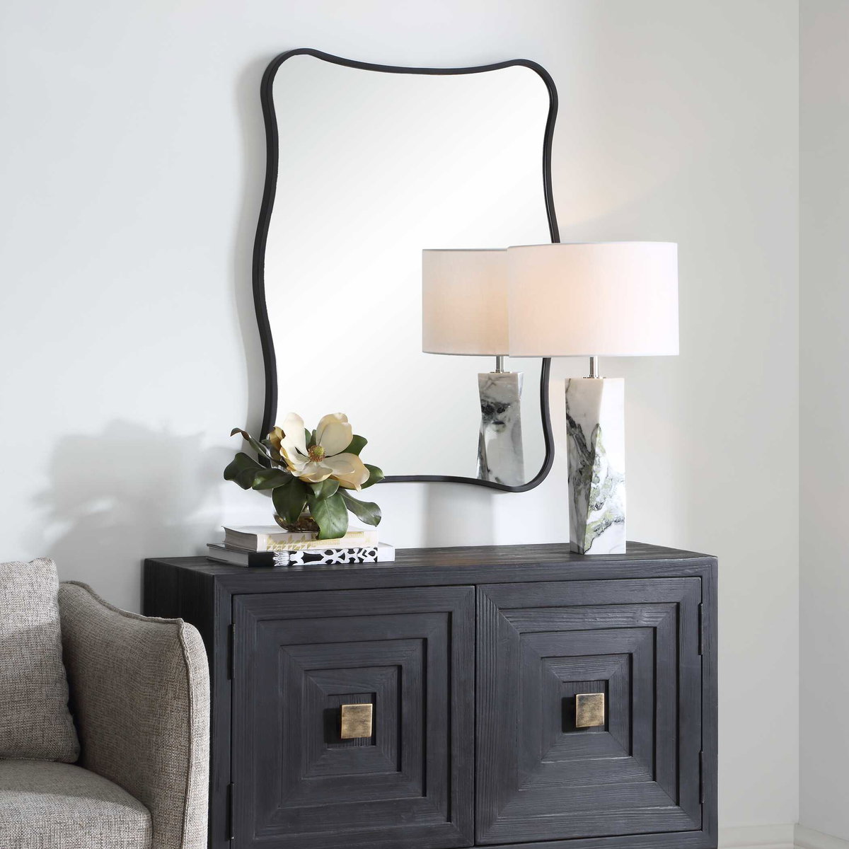 Pavia Black Vanity Mirror, by Uttermost, 2'3.5" width x 3'0.25" height x 1.5" depth View 4