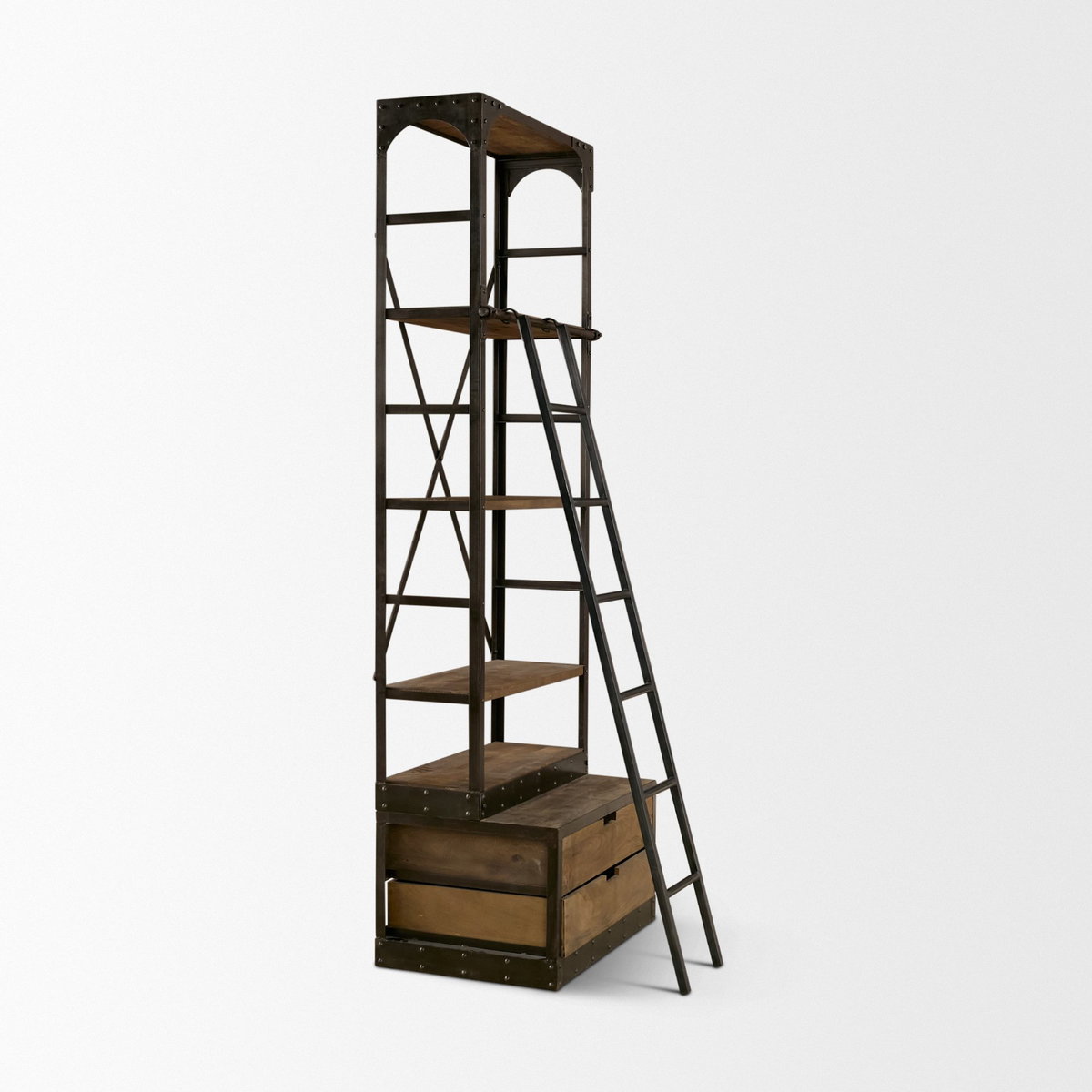 Brodie VII 32L x 22W x 94H Brown Wood Gun-Metal Bracing Four Shelf Shelving Unit, Shelving & Bookcase by Mercana, 31.5" length x 21.5" width x 94" height View 9