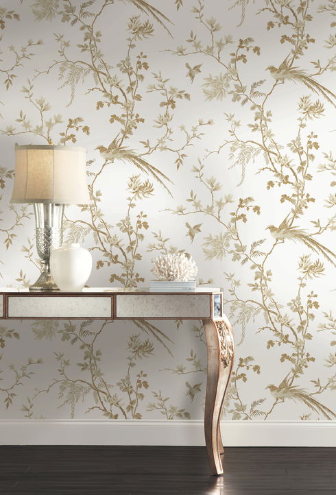 Bird & Blossom Chinoserie White & Gold Wallpaper