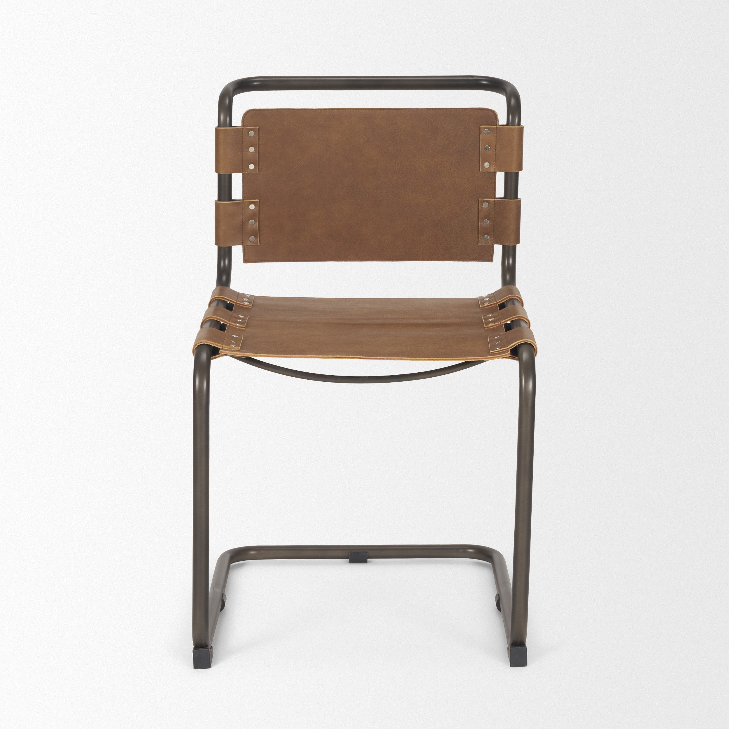 Berbick 33' Total Height Medium Brown Leather with Iron Frame Dining Chair, by Mercana, 20.5" length x 24" width x 33" height View 4