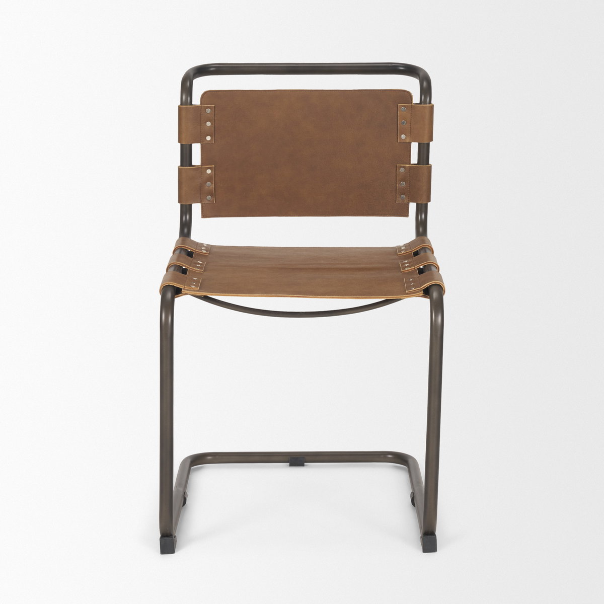 Berbick 33' Total Height Medium Brown Leather with Iron Frame Dining Chair, by Mercana, 20.5" length x 24" width x 33" height View 4