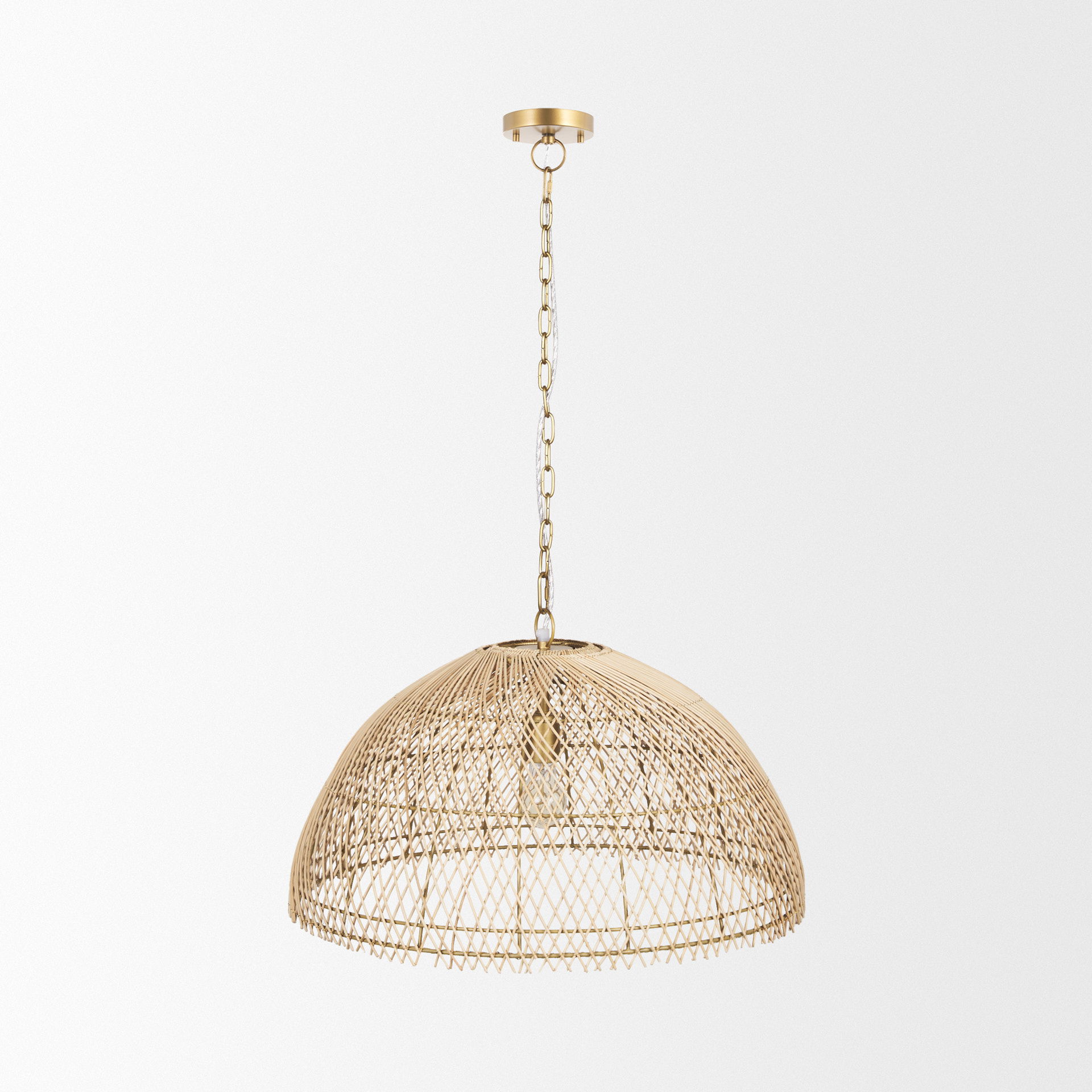 Thad 1-Light Natural Woven Rattan Dome Pendant, by Mercana, 24.5" length x 24.5" width x 14.5" height View 3
