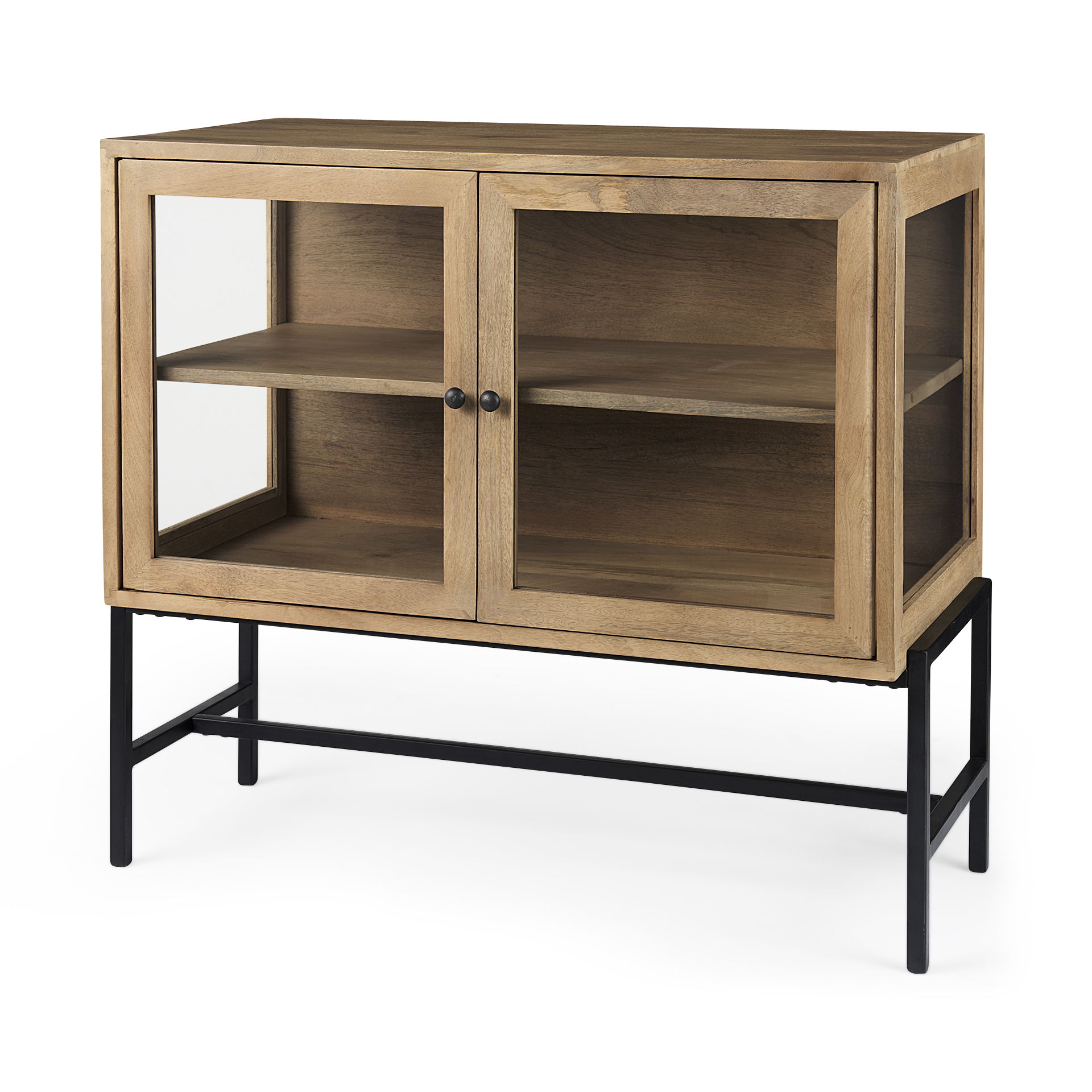 Arelius 36L x 18W x 32H Light Brown Wood, Black Metal Base with 2 Glass Doors Accent Cabinet, Cabinets & Chest by Mercana, 36" length x 18.75" width x 32" height View 1