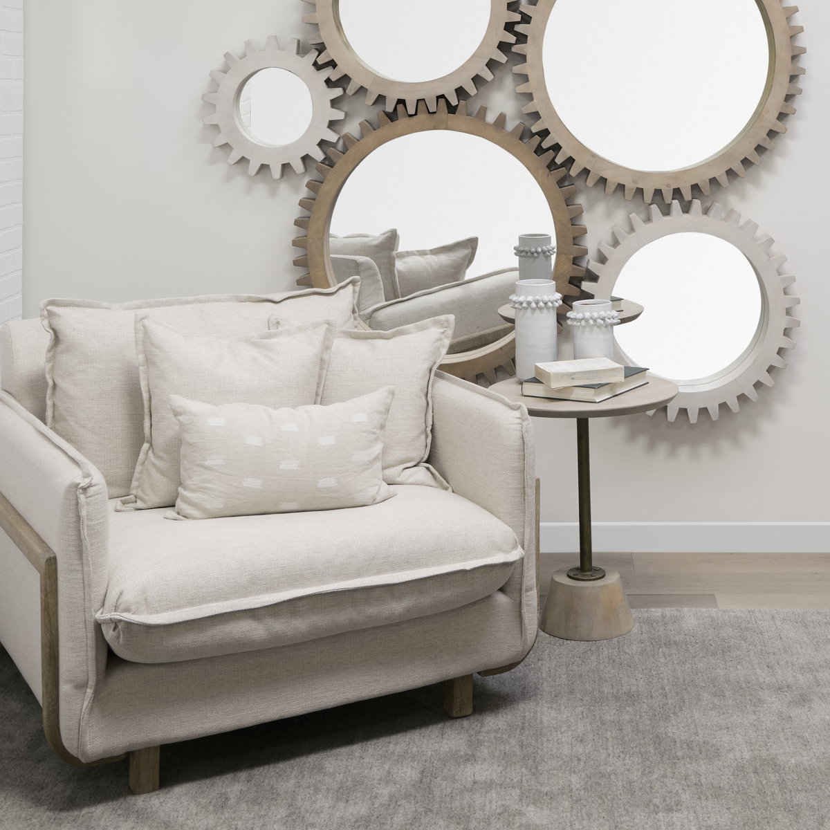 Roy II Beige Upholstered and Brown Wood Frame Arm Chair, Accent Chair by Mercana, 43.31" length x 41.73" width x 33.07" height View 2