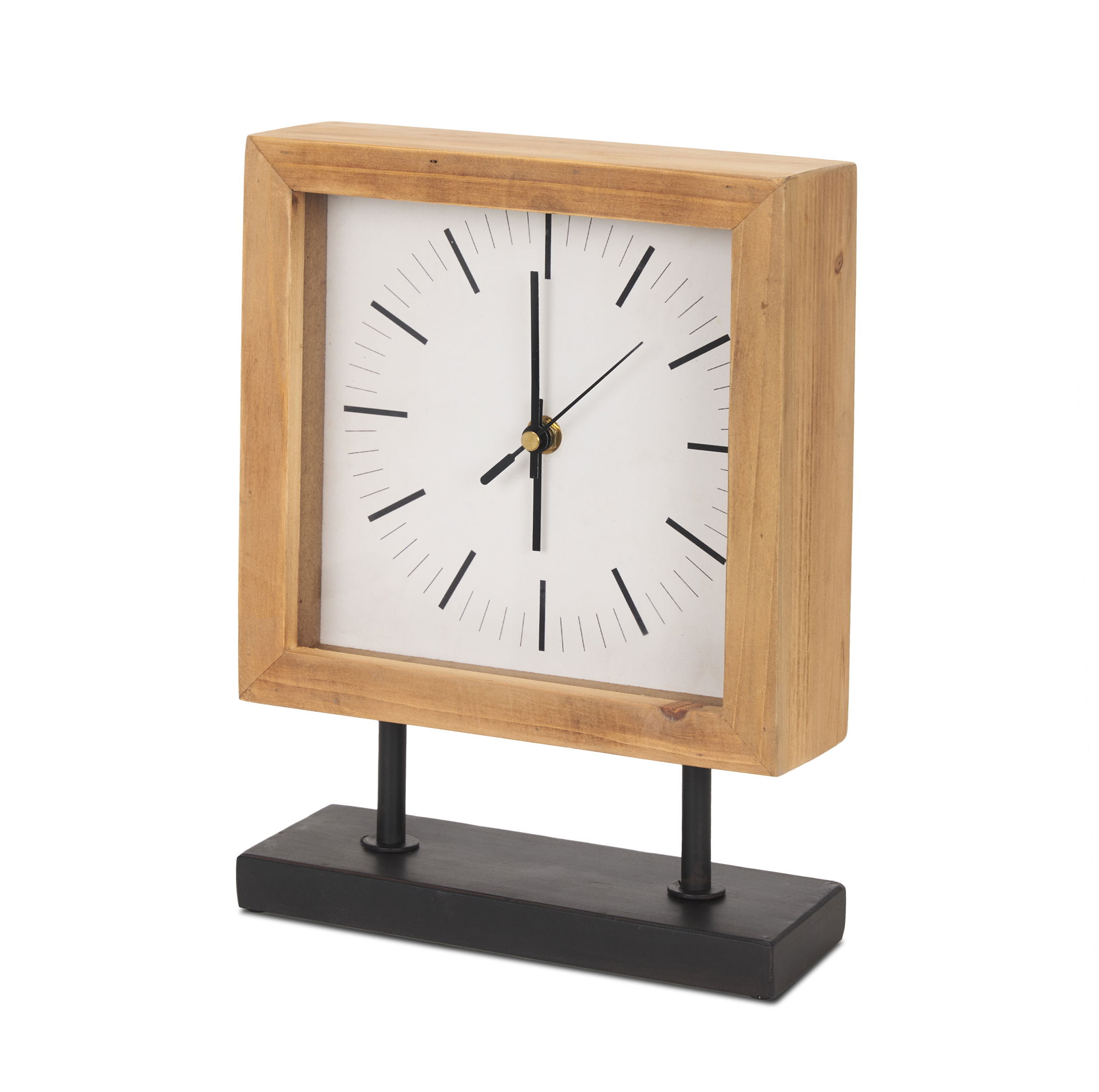 Renaya Light Brown Wood with Matte Black Metal Base Table Clock, by Mercana, 8.07" length x 2.76" width x 11.02" height View 1