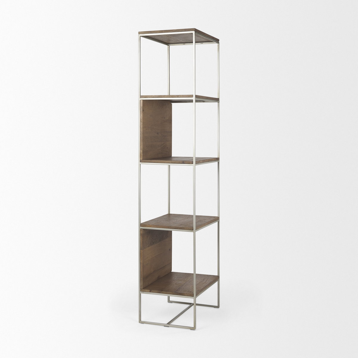 Morris II 19.75 x 15 x 72.5 Brown Wood and Silver Metal Frame 4 Shelf Shelving Unit, Shelving & Bookcase by Mercana, 19.75" length x 15" width x 72.5" height View 7