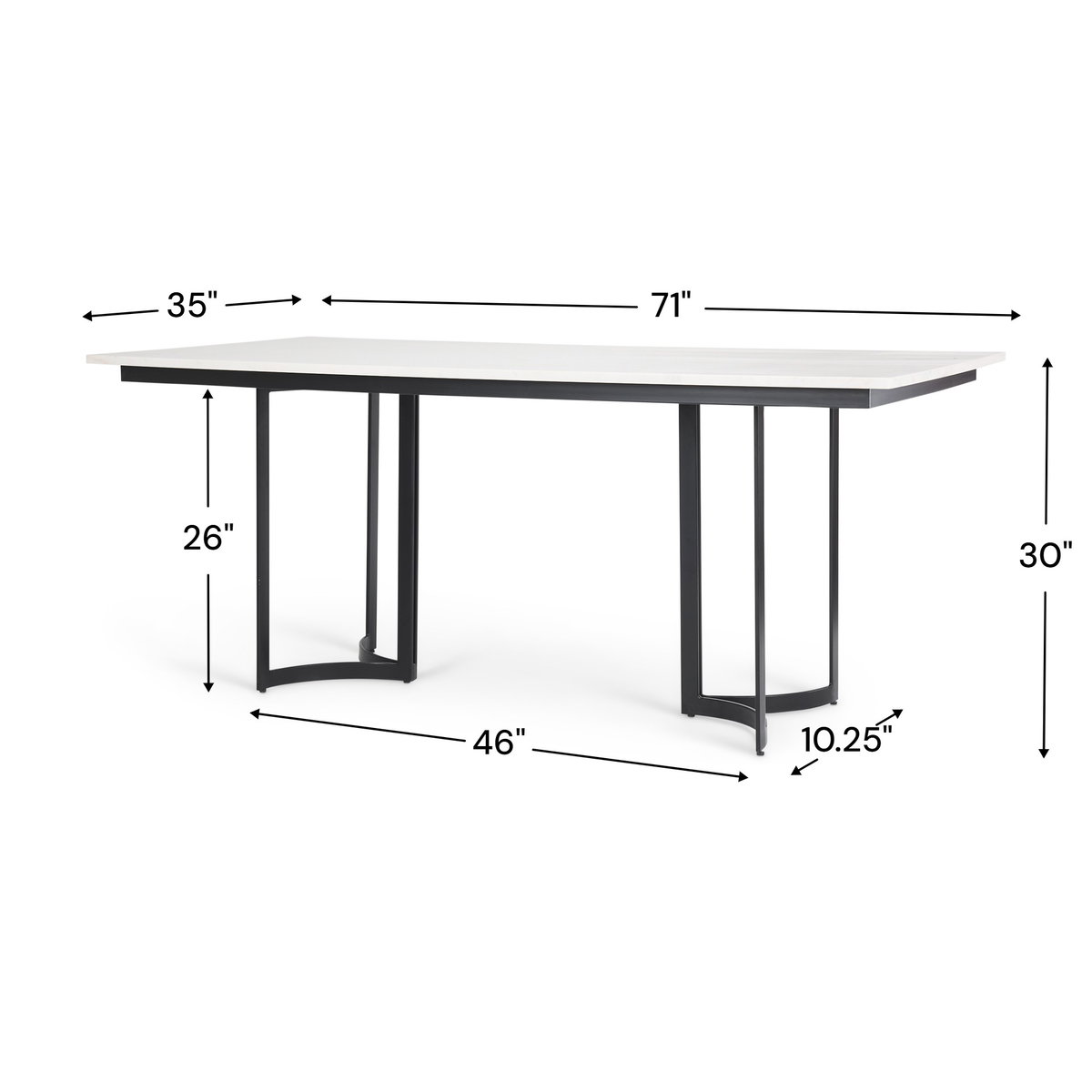 Tanner 71'L x 35'W Rectangular Pedestal Dining Table | Modern | White Marble & Black Metal | Seats 6, by Mercana, 71" length x 35" width x 30" height View 5