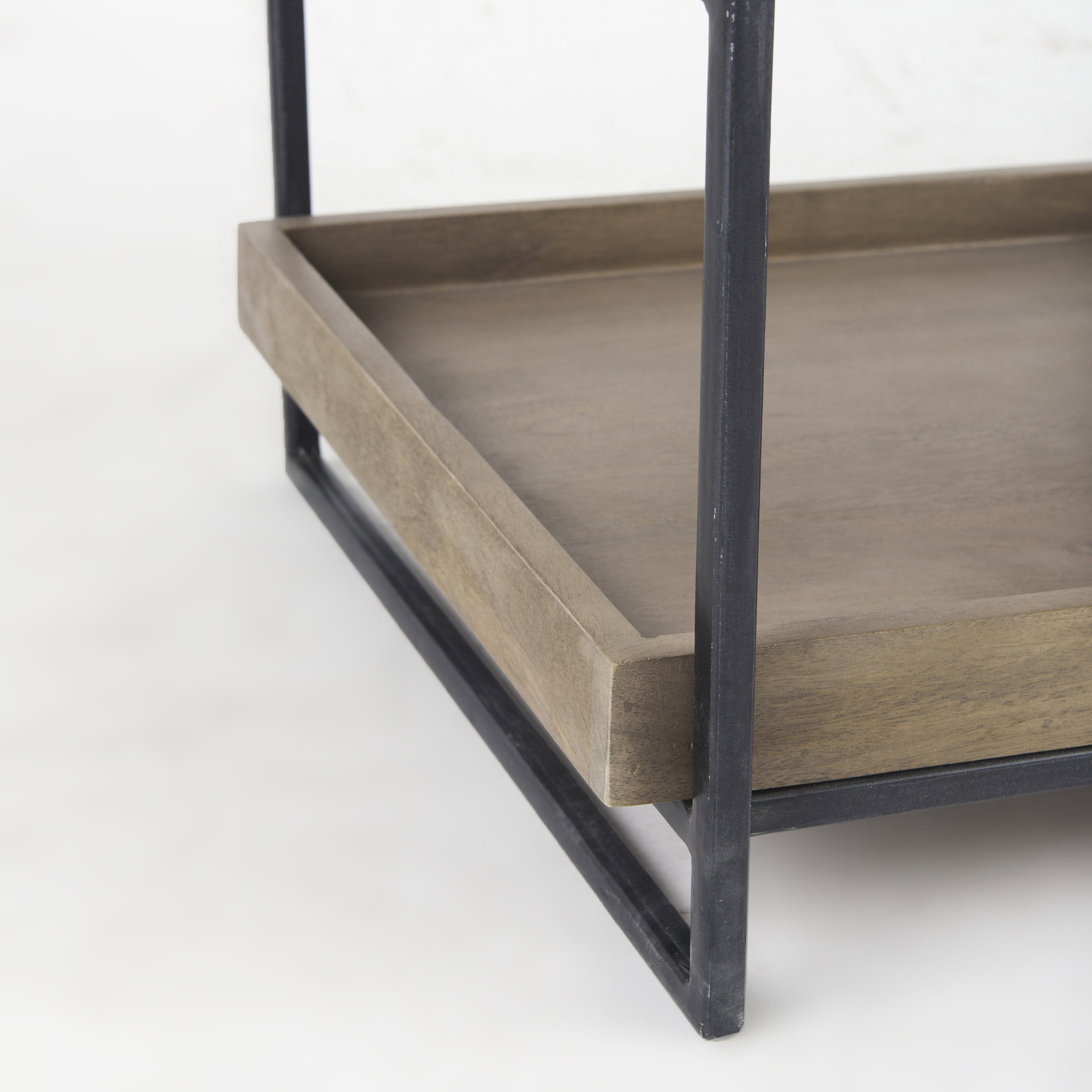 Trey III 20' x 26' Square Medium Brown Wooden Three-Tiered Black Iron Frame End/Side Table, Side & End Table by Mercana, 20" length x 20" width x 26" height View 11