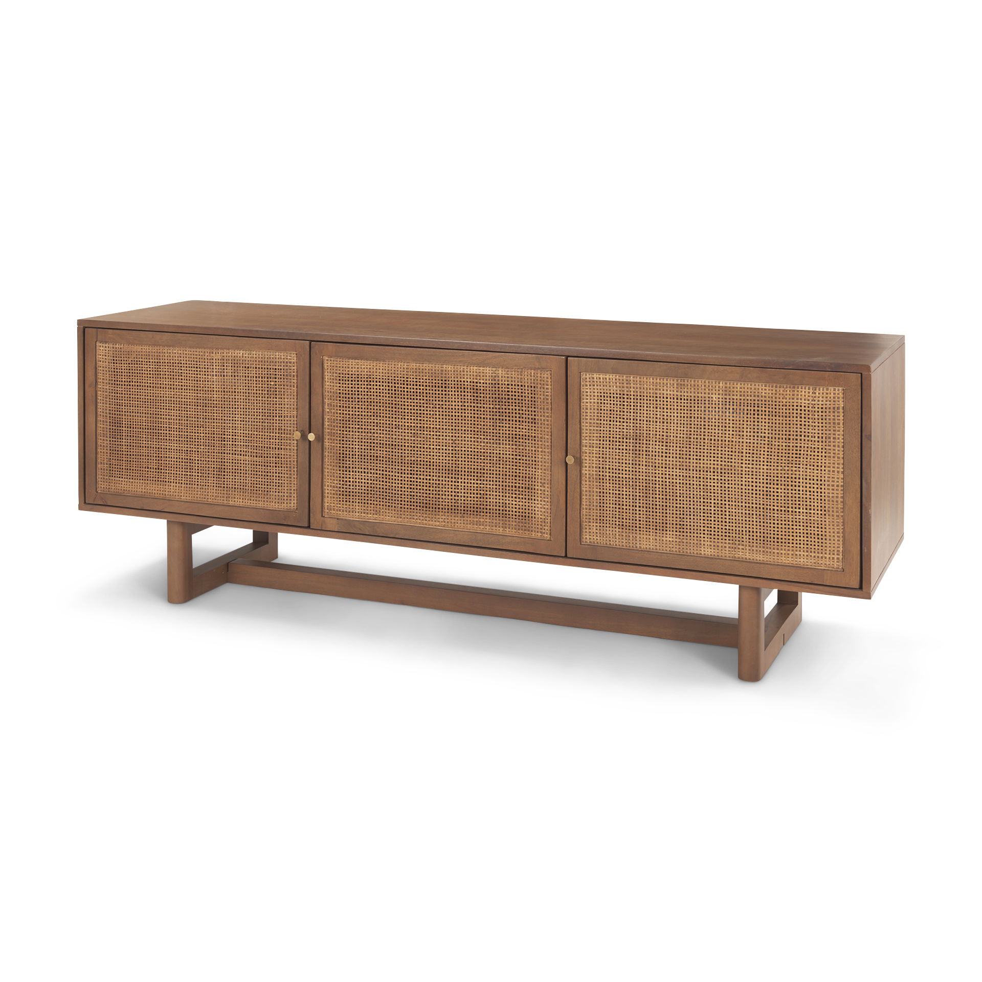 Grier 65' Medium Brown Wood with Cane Media Console, by Mercana, 65" length x 18.75" width x 23" height View 1