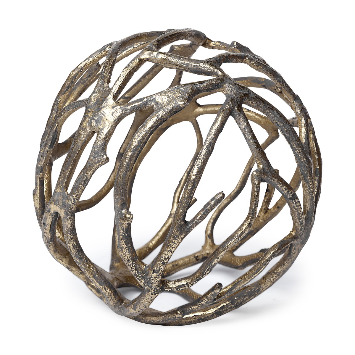 Sphaira Noir II Large 7L x 7W Gold Cast Aluminum Decorative Tree Branch Orb, Decorative Object by Mercana, 7" length x 7" width x 7" height View 1