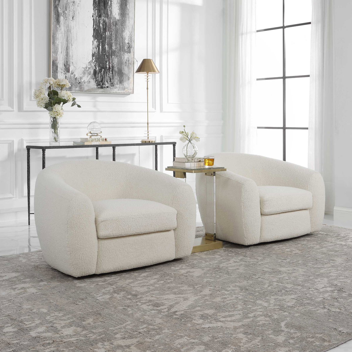 Capra Art Deco White Swivel Chair, Accent Chair by Uttermost, 43" width x 28" height x 37" depth View 7