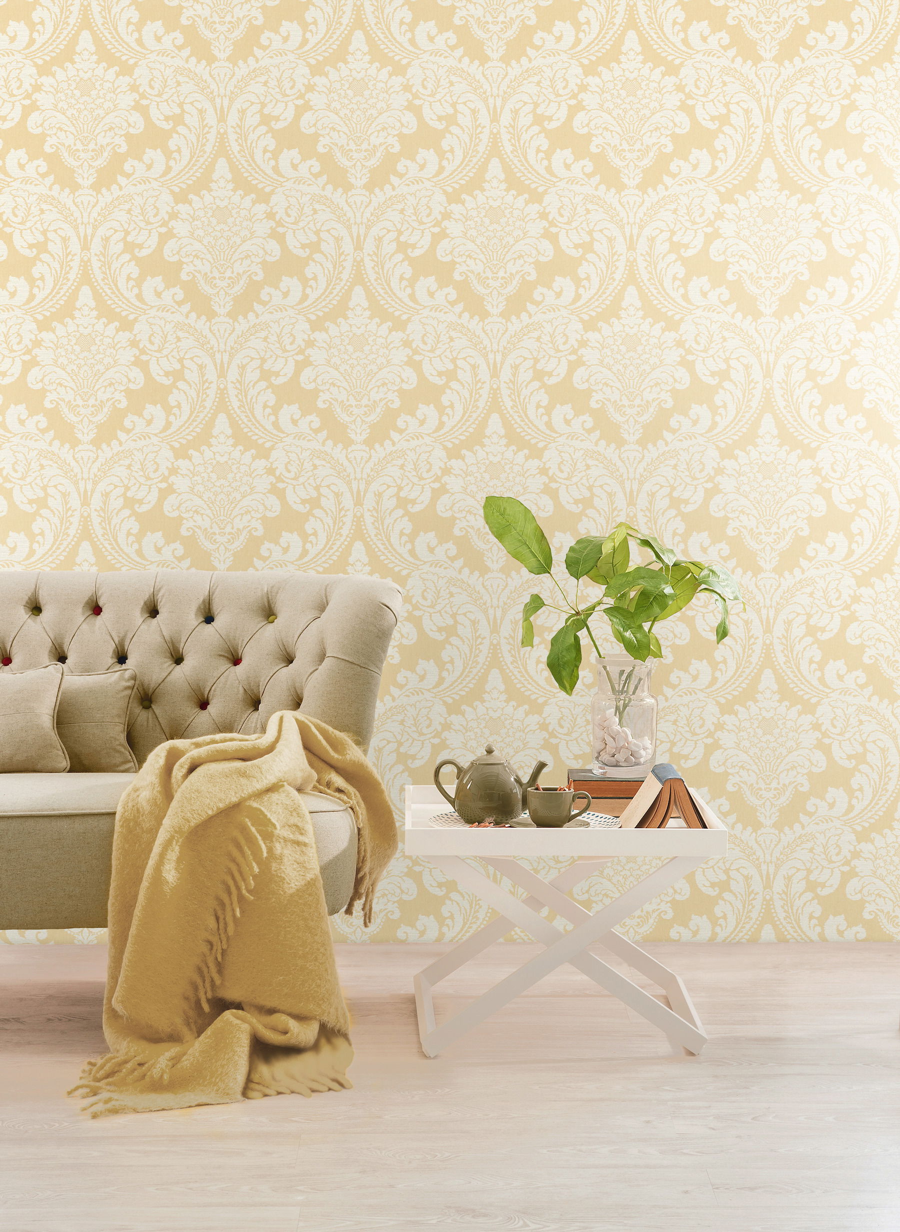 Tapestry Damask Yellow Wallpaper, by York Wall, 27' length x 2'3" width x 0.02" depth View 3