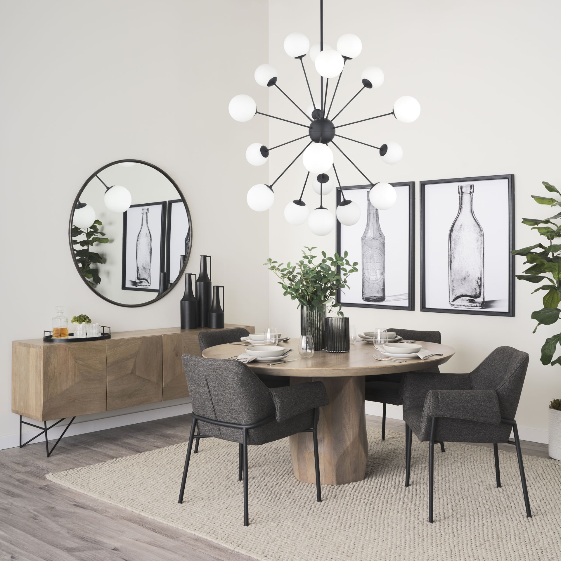 Barbara Matte Black Metal with Frosted Glass Globes 18-Light Chandelier, by Mercana, 48.82" length x 48.82" width x 48.82" height View 2