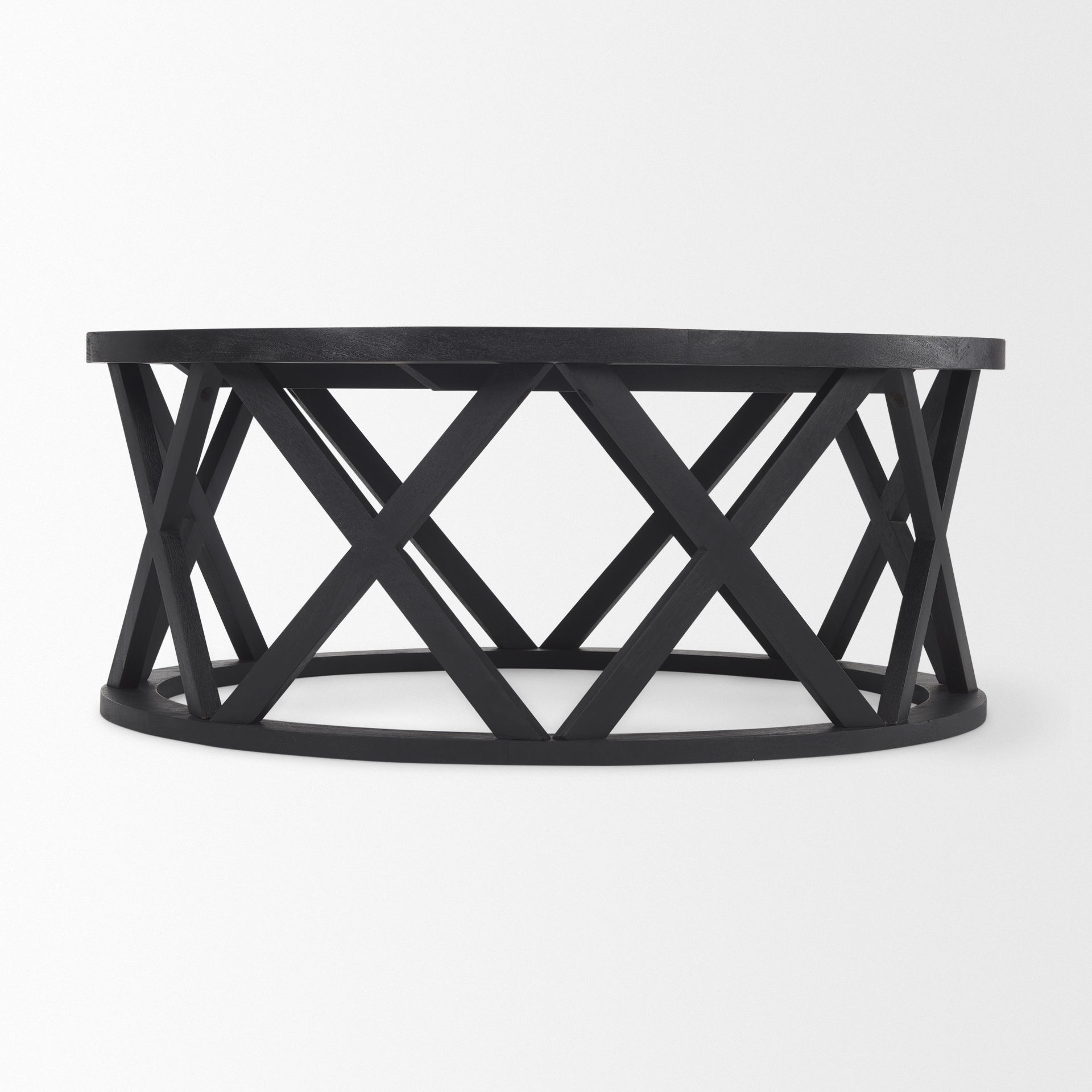 Forsey  28.0L x 45.3W x 18.0H Black Solid Wood Round Coffee Table, by Mercana, 45" length x 45" width x 18" height View 5