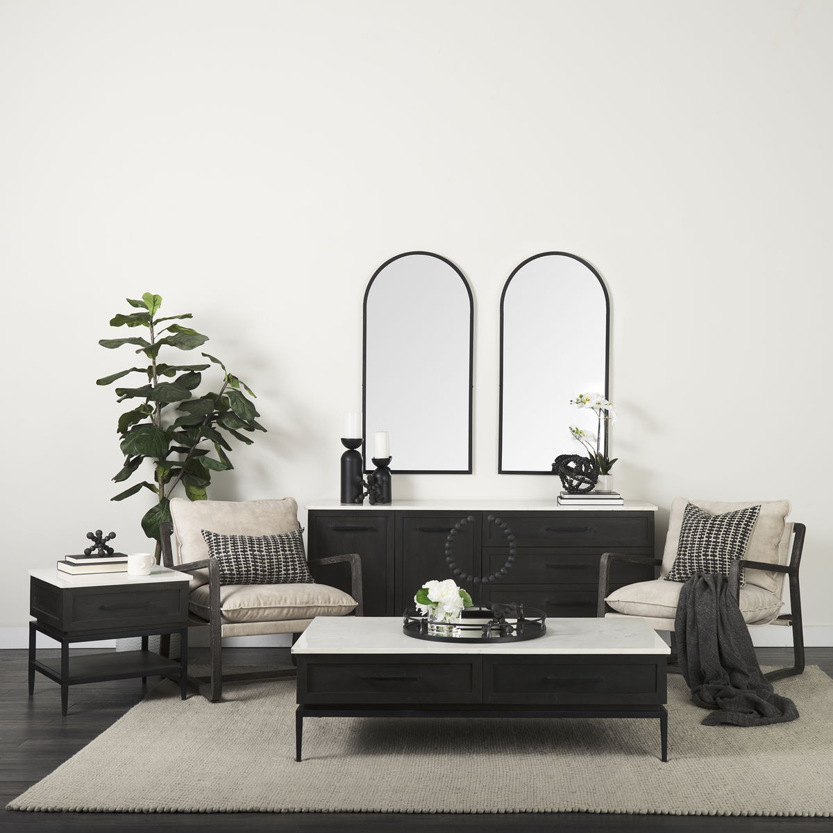 Divina Black-Brown Wood with White Marble Top and Black Metal Base Sideboard, Sideboards & Buffet by Mercana, 71" length x 18.5" width x 32" height View 2