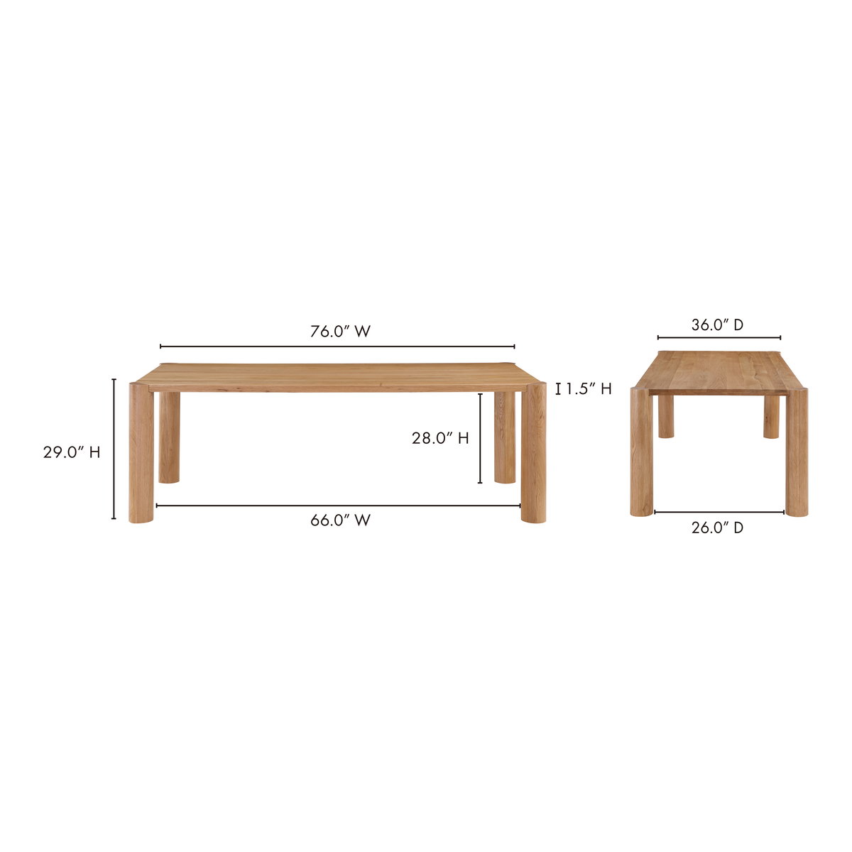 Post Small Dining Table Natural Oak, by Moe's Home, 76" width x 29" height x 36" depth View 8
