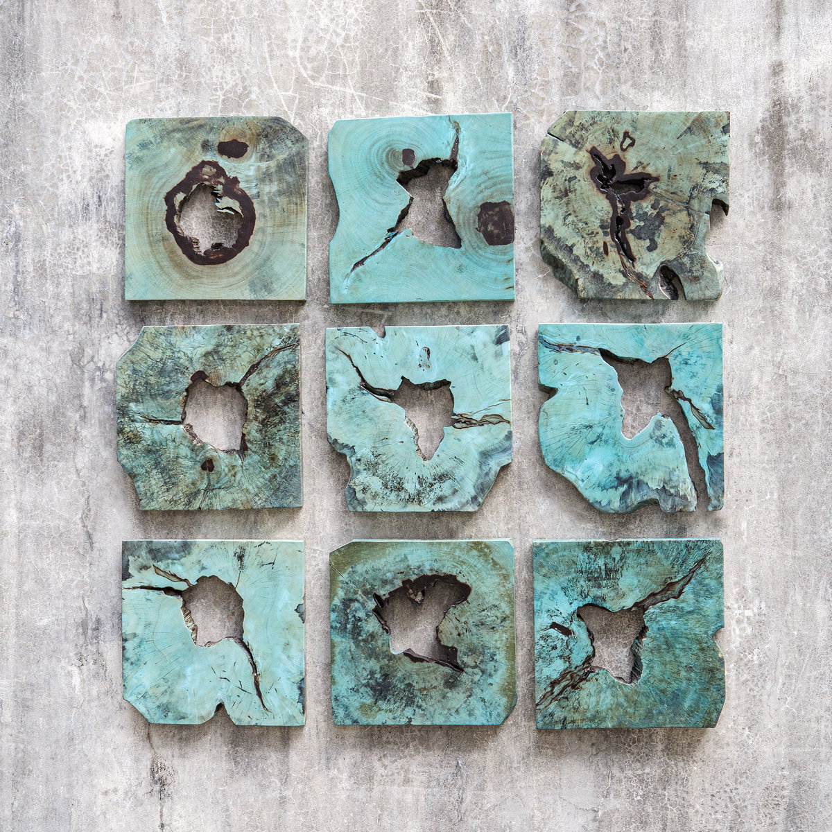 Bahati Wood Wall Décor In Blue Set/9, Sculptural Wall Art by Uttermost, 16" width x 16" height x 1.37" depth View 2