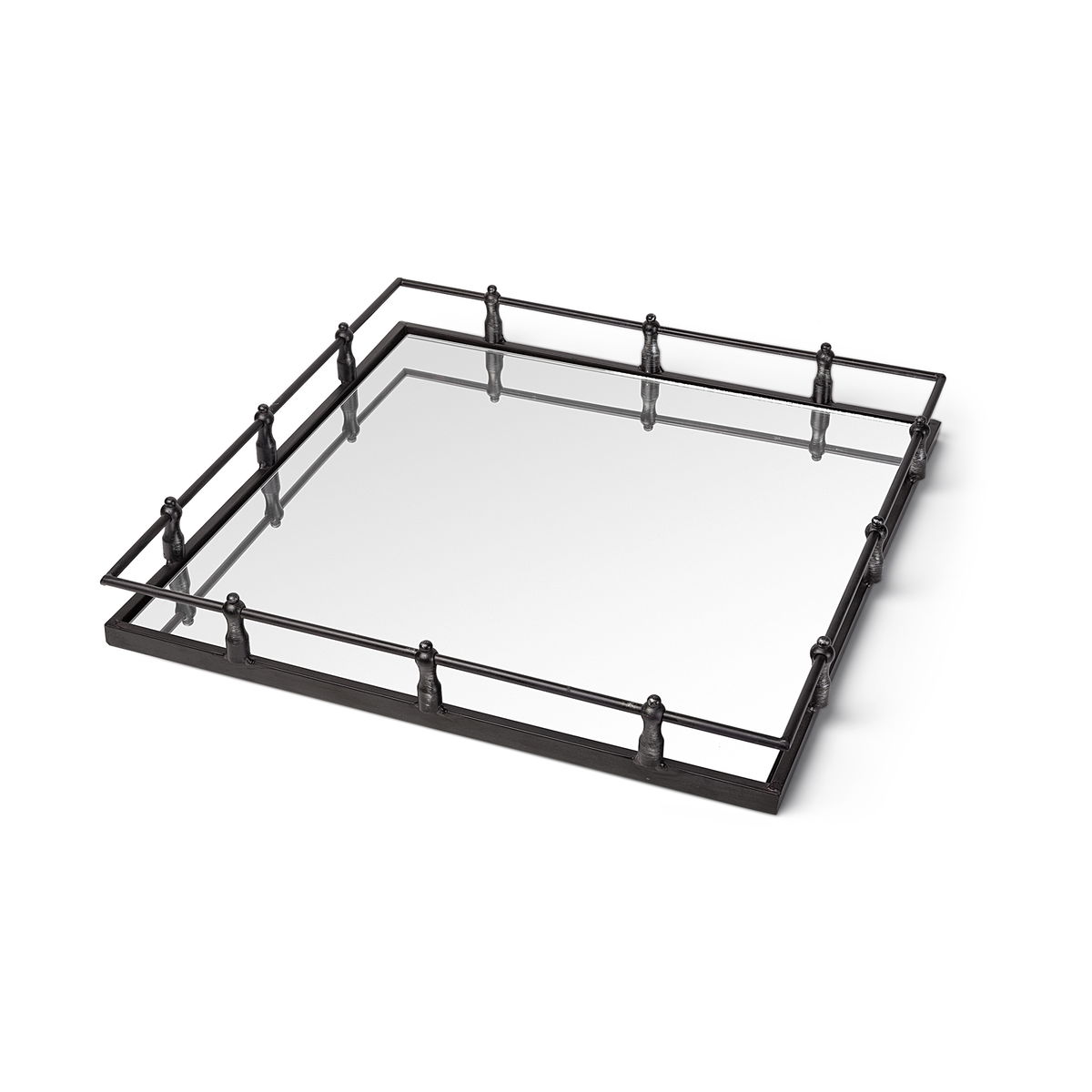 Christa 22L x 22W Black Metal Mirrored Base Square Tray, Decorative Tray by Mercana, 22.05" length x 22.05" width x 3.05" height View 1
