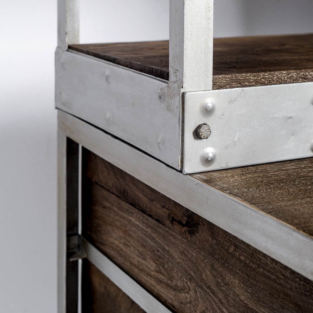 Brodie III 32L x 22W x 94H  Medium Brown Wood Silver Accent Four Shelf Shelving Unit, Shelving & Bookcase by Mercana, 31.5" length x 21.5" width x 94" height View 2