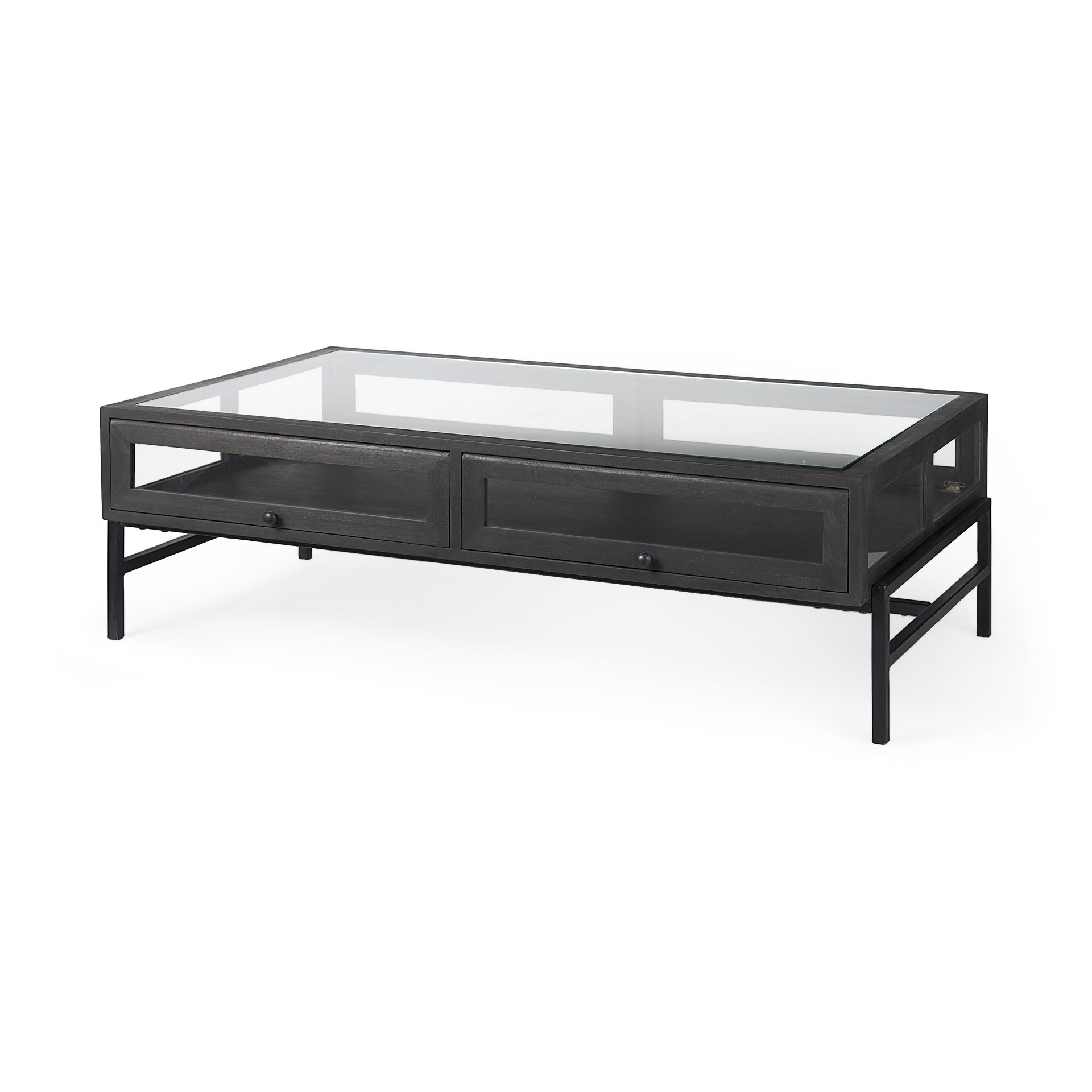 Arelius 42'L Rectangular Glass-Top Black-Brown Wood with Black Metal Base Display Coffee Table large image 