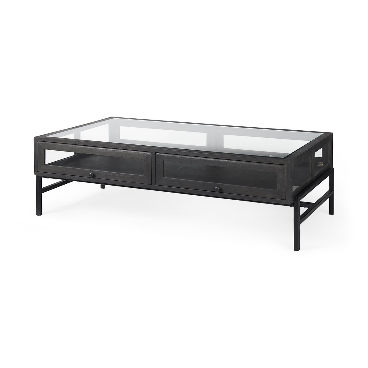 Arelius 49.5'L Rectangular Glass-Top Black-Brown Wood with Black Metal Base Display Coffee Table, by Mercana, 49.5" length x 28" width x 15" height View 1