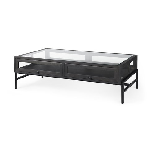Arelius 49.5"L Rectangular Glass-Top Black-Brown Wood with Black Metal Base Display Coffee Table