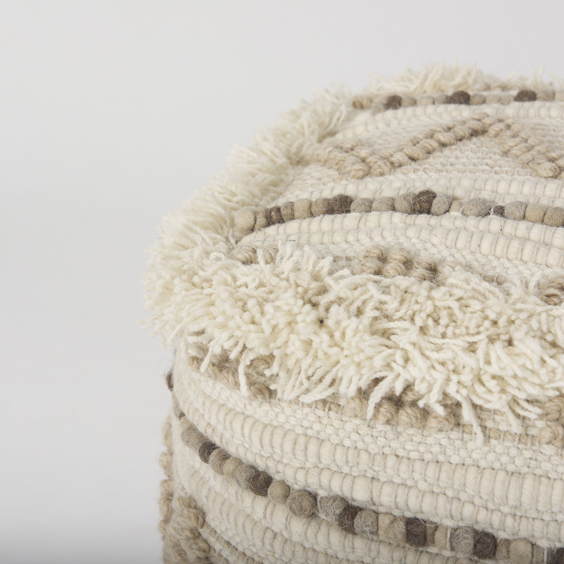 Caela Beige/Brown Wool, Cotton and Felt Popcorn Stitch Square Pouf large image 