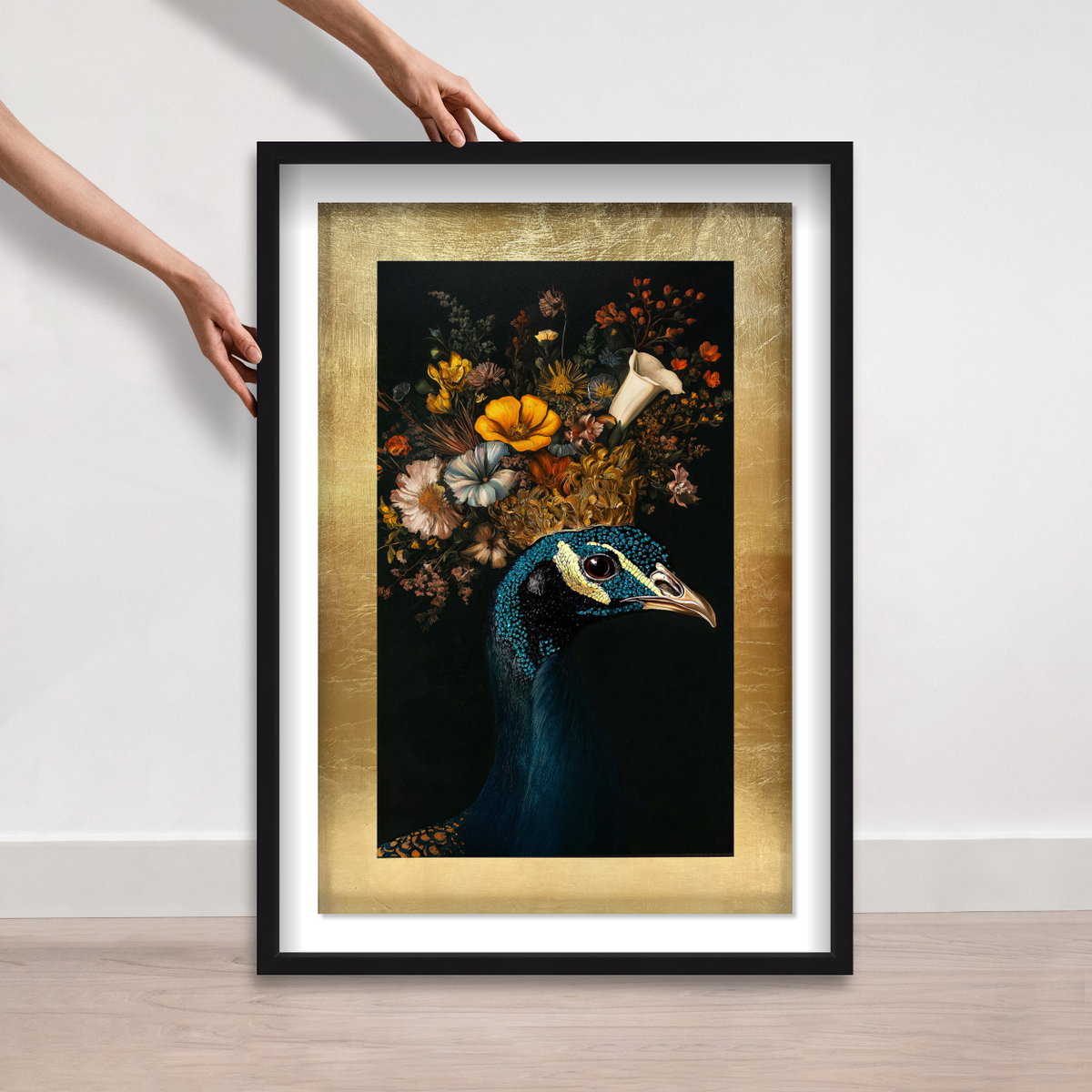 Peacock's Crown I - With Hand-Applied Gold Leaf & Glitter (Black and Teal Glitter, Gold Leaf Mat), by Oliver Gal,  24x36 View 4
