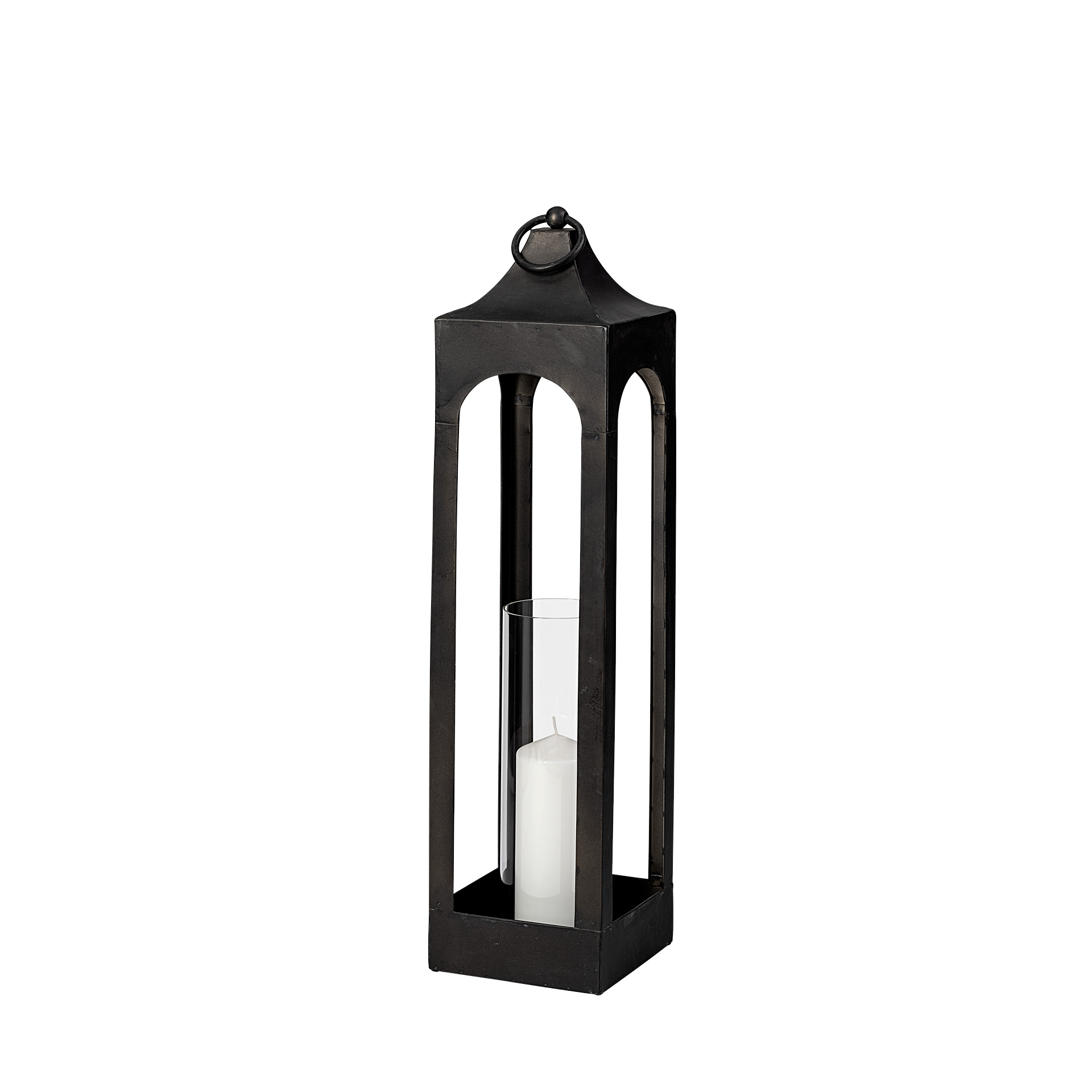 Ina Tall Charcoal Metal Candle Holder Lantern, Lighting by Mercana, 9.45" length x 9.45" width x 33.86" height View 1