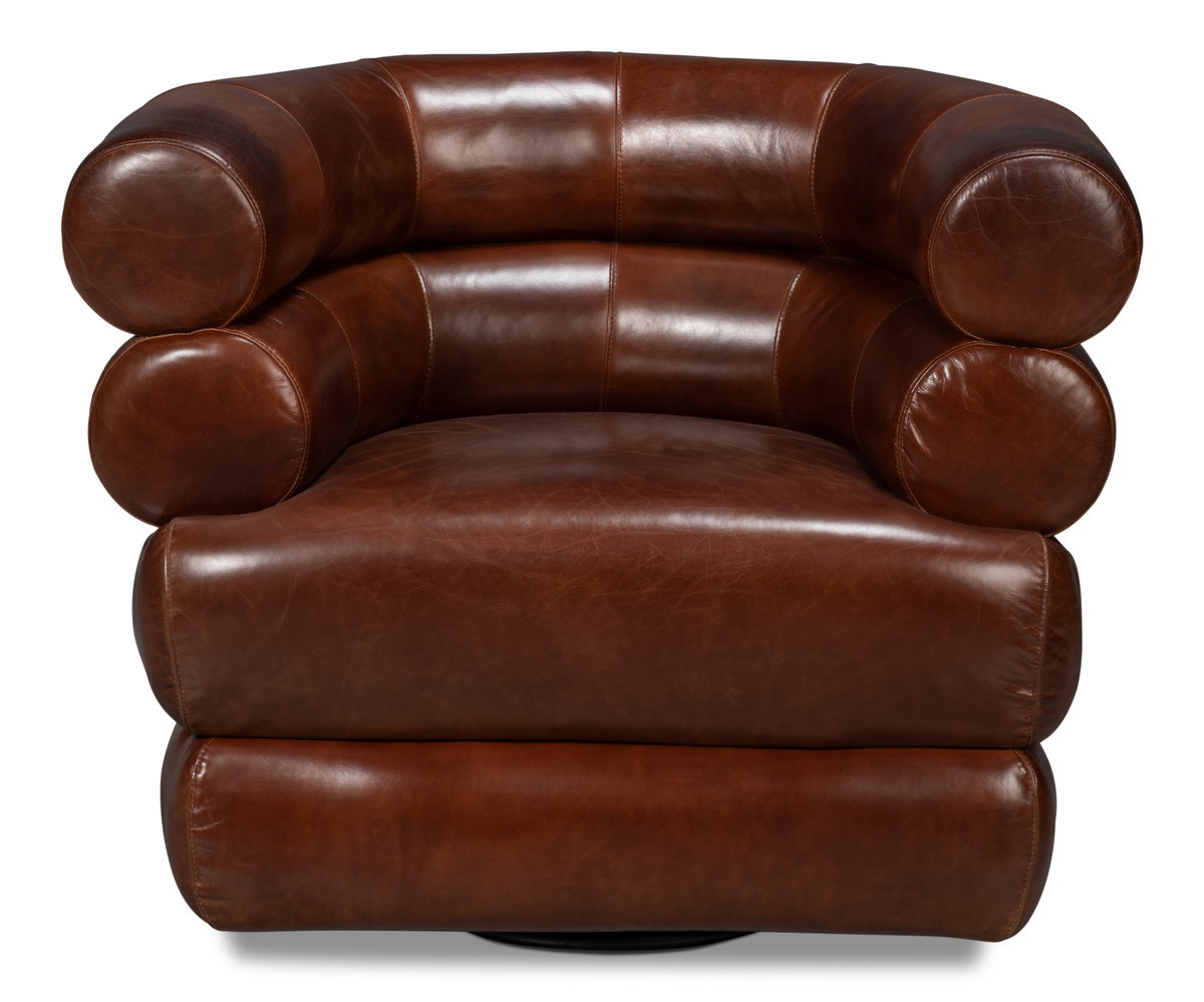 Rondo Leather Swivel Chair,Brown, Seating by Sarreid, 38" length x 31" width x 30" height View 2