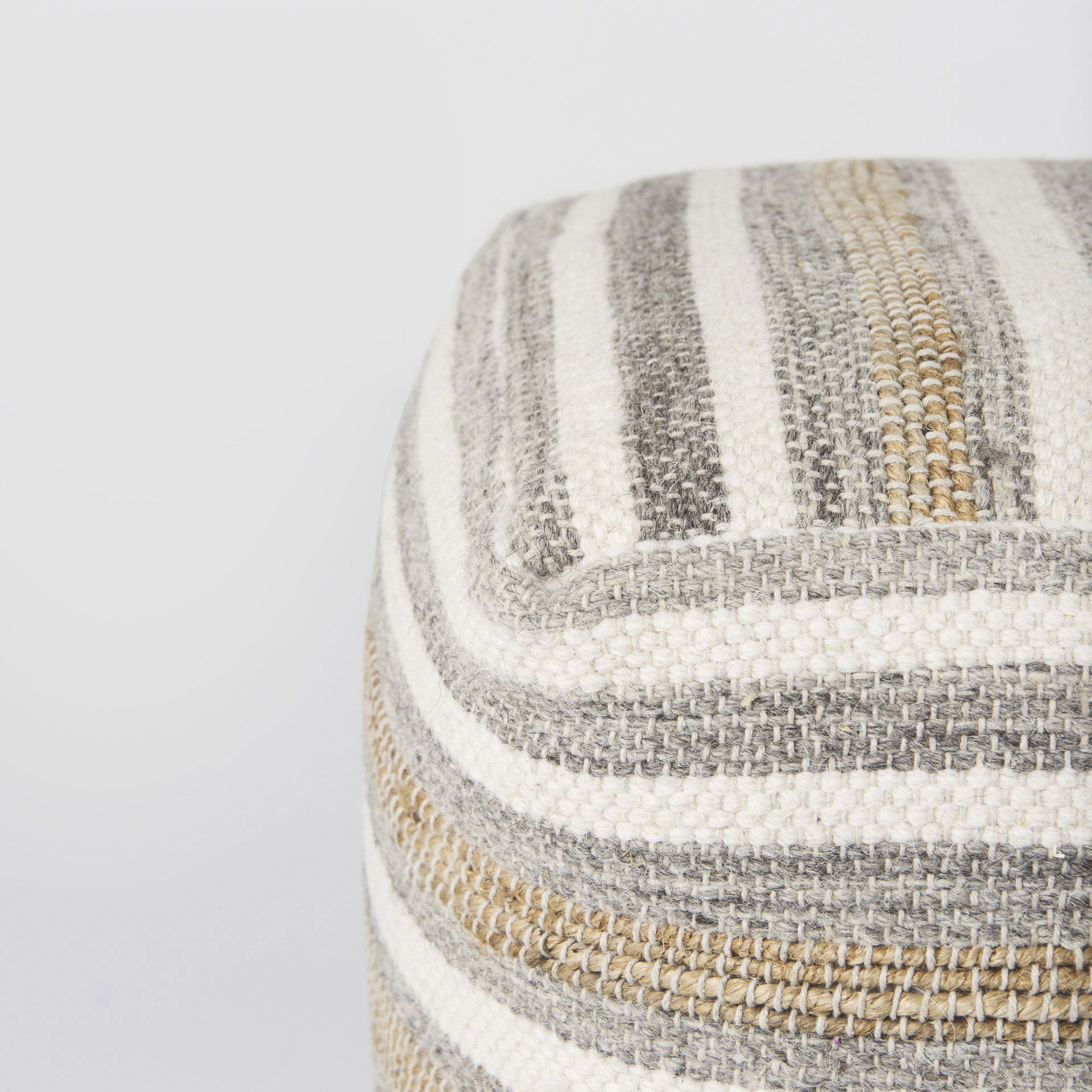Aahana  White/Taupe/Gray Striped Hemp and Cotton Pouf, Ottoman by Mercana, 16" length x 16" width x 16" height View 7