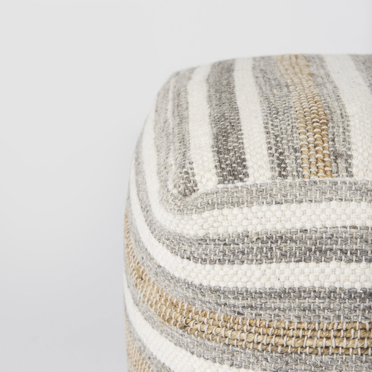 Aahana  White/Taupe/Gray Striped Hemp and Cotton Pouf, Ottoman by Mercana, 16" length x 16" width x 16" height View 7