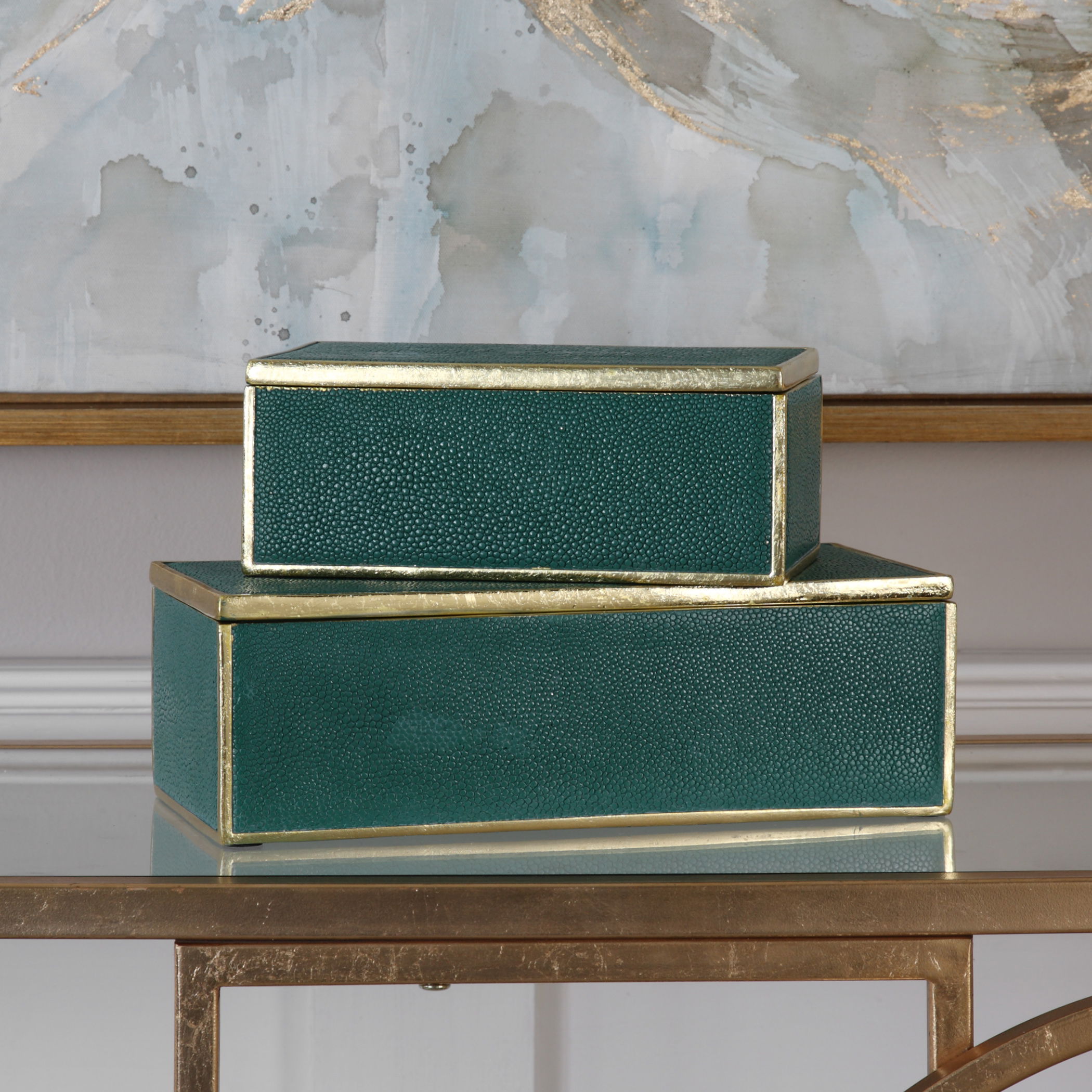 Karis Emerald Green Boxes Set/2, Decorative by Uttermost, 11.75" width x 3.75" height x 6" depth View 5