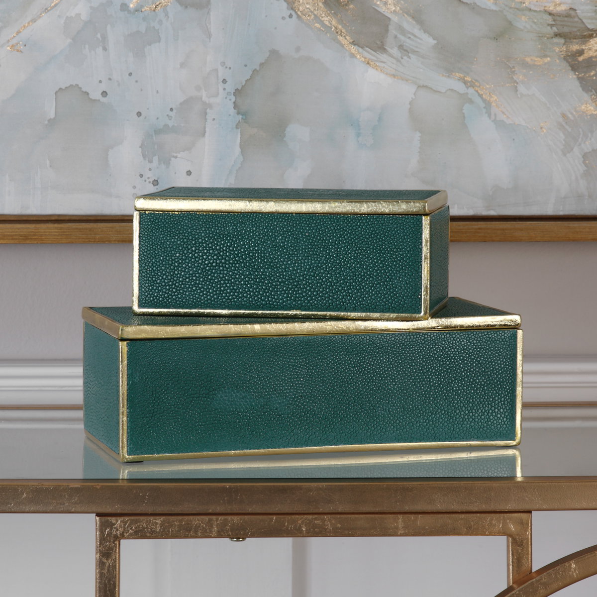 Karis Emerald Green Boxes Set/2, by Uttermost, 11.75" width x 3.75" height x 6" depth View 5
