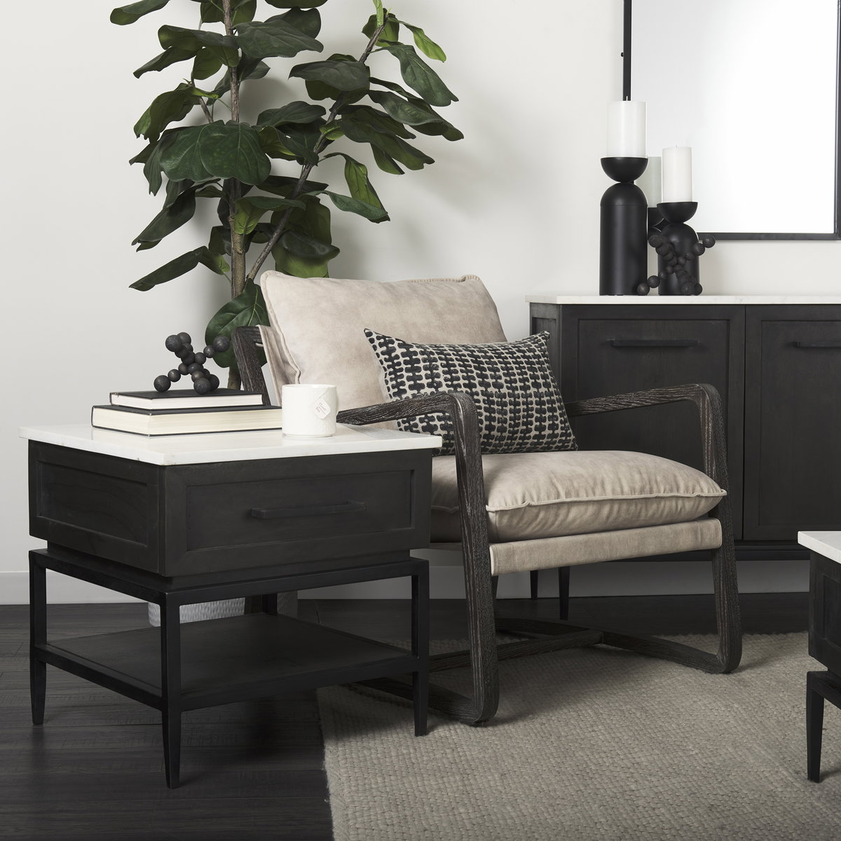 Divina Black-Brown Wood with White Marble Top and Black Metal Base 1 Drawer Side Table, Side & End Table by Mercana, 22" length x 22" width x 22" height View 3