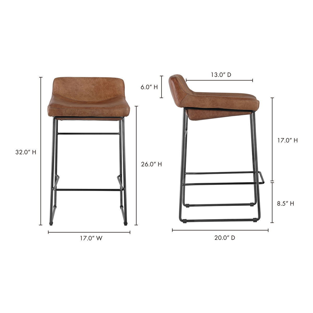 Starlet Counter Stool Open Road Brown Leather - Set Of Two, Counter & Bar Stool by Moe's Home, 17" width x 32" height x 20" depth View 12