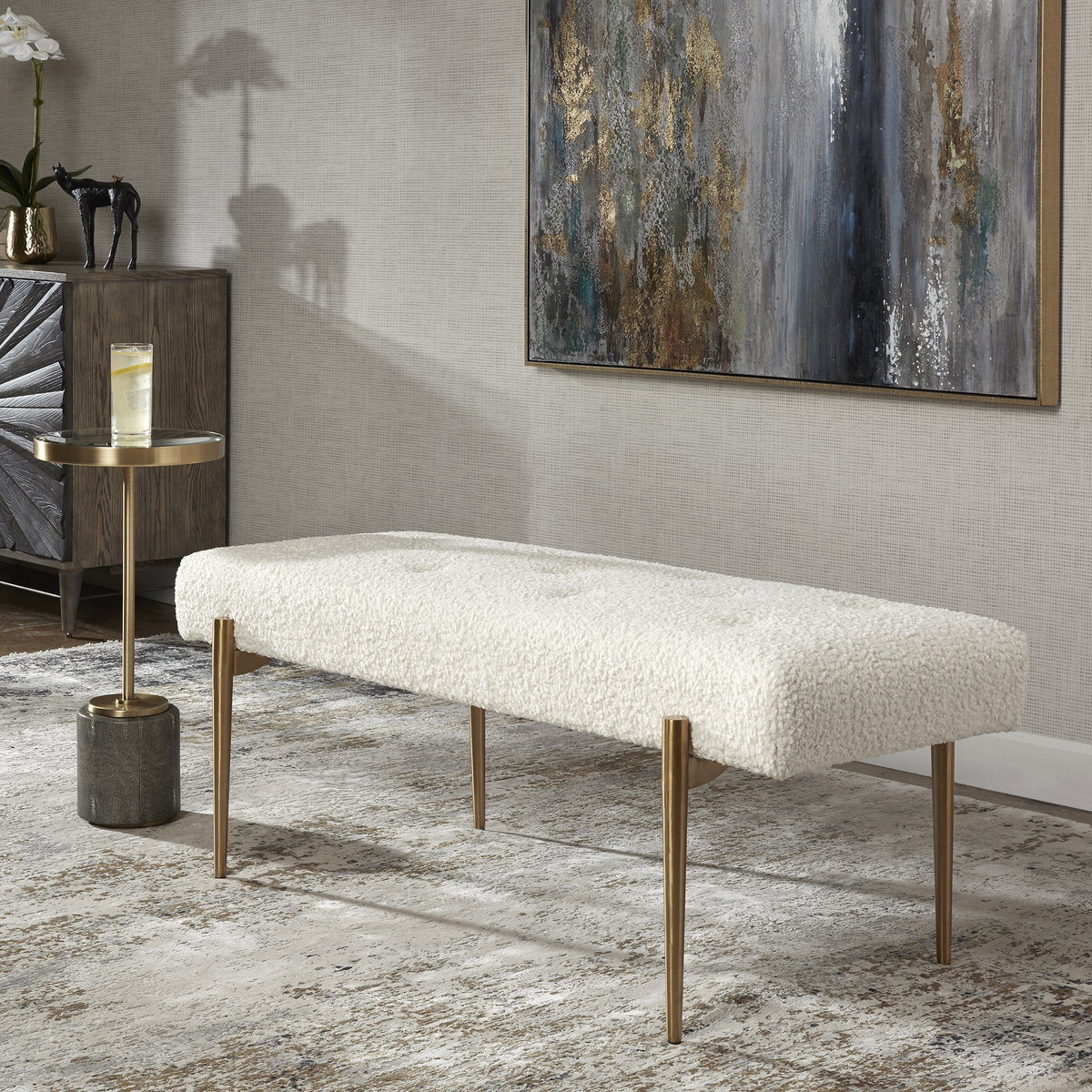 Olivier White Bench, Benche by Uttermost, 49" width x 19" height x 20" depth View 8