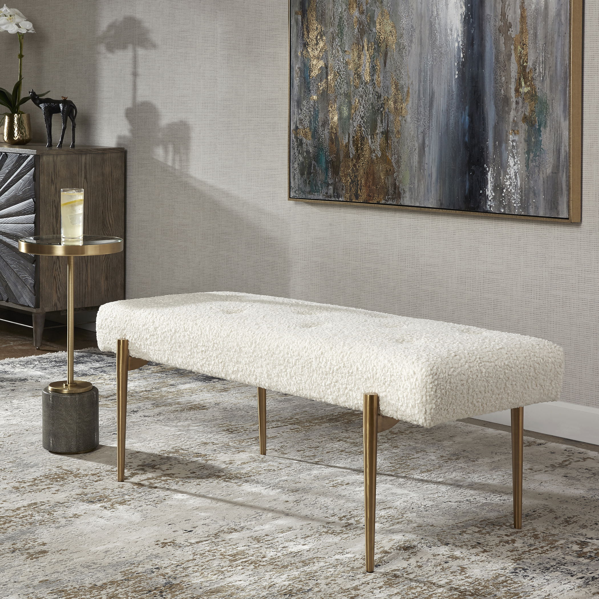 Olivier White Bench, Furniture by Uttermost, 49" width x 19" height x 20" depth View 8