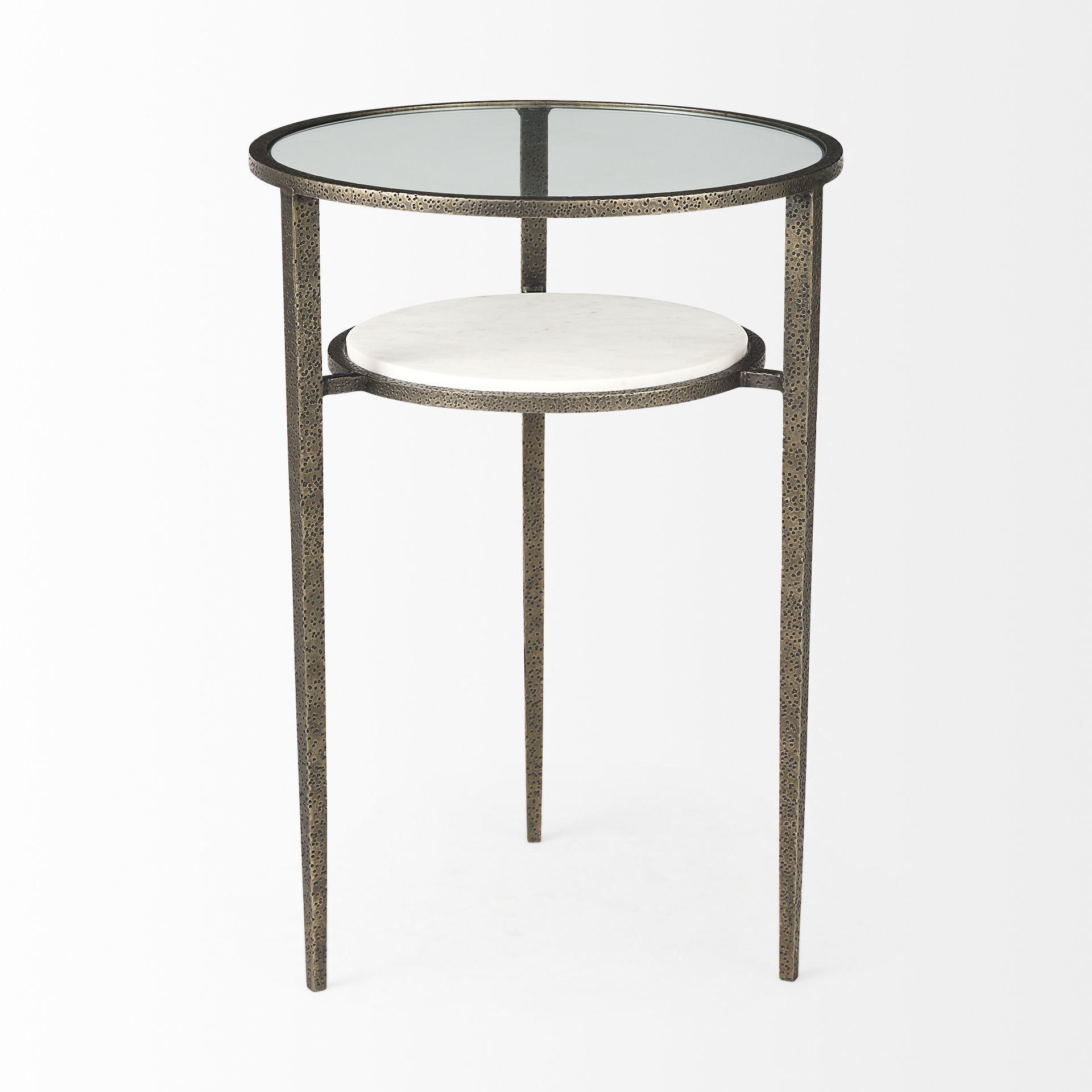 Felicity 15.8L X 15.8W X 22.5H Glass Top with White Marble Shelf and Antique Gold Base End/Side Table, Side & End Table by Mercana, 15.75" length x 15.75" width x 22.5" height View 5