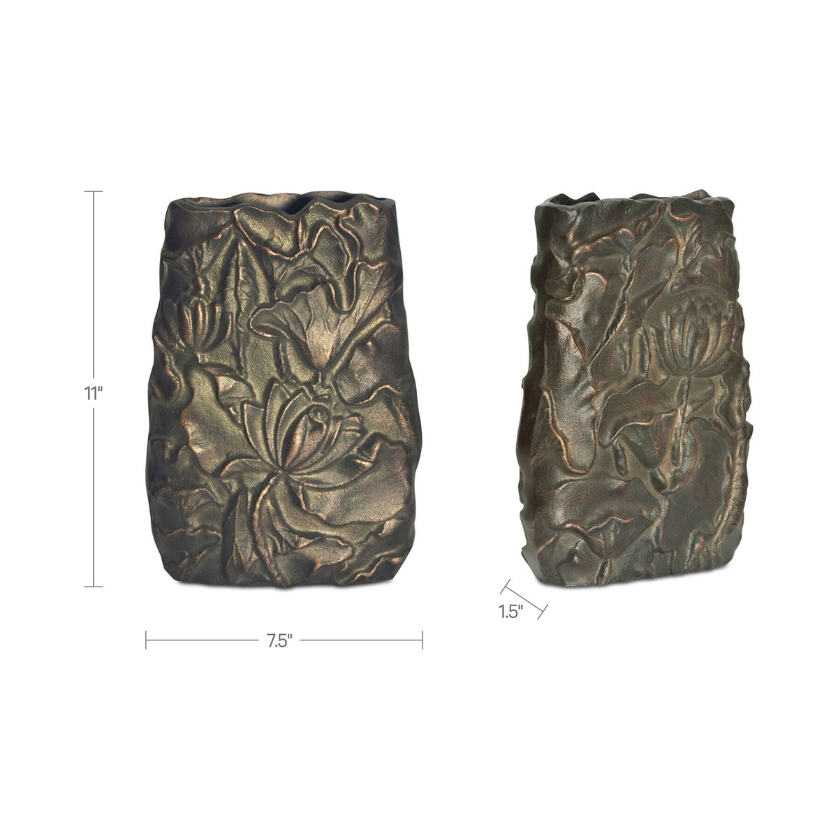 Sabine Cast Aluminum Vase Antique Brass, by Moe's Home, 7.5" width x 11" height x 1.5" depth View 6