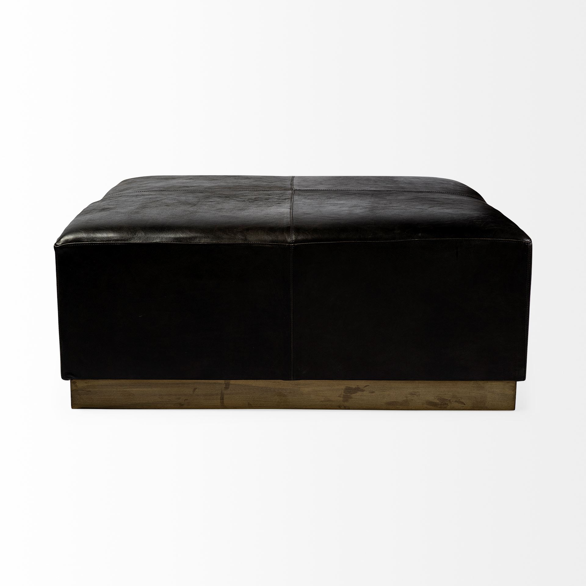 Minara 36' Square Black Leather Wrapped with Metal Base Ottoman, by Mercana, 36" length x 36" width x 16" height View 5