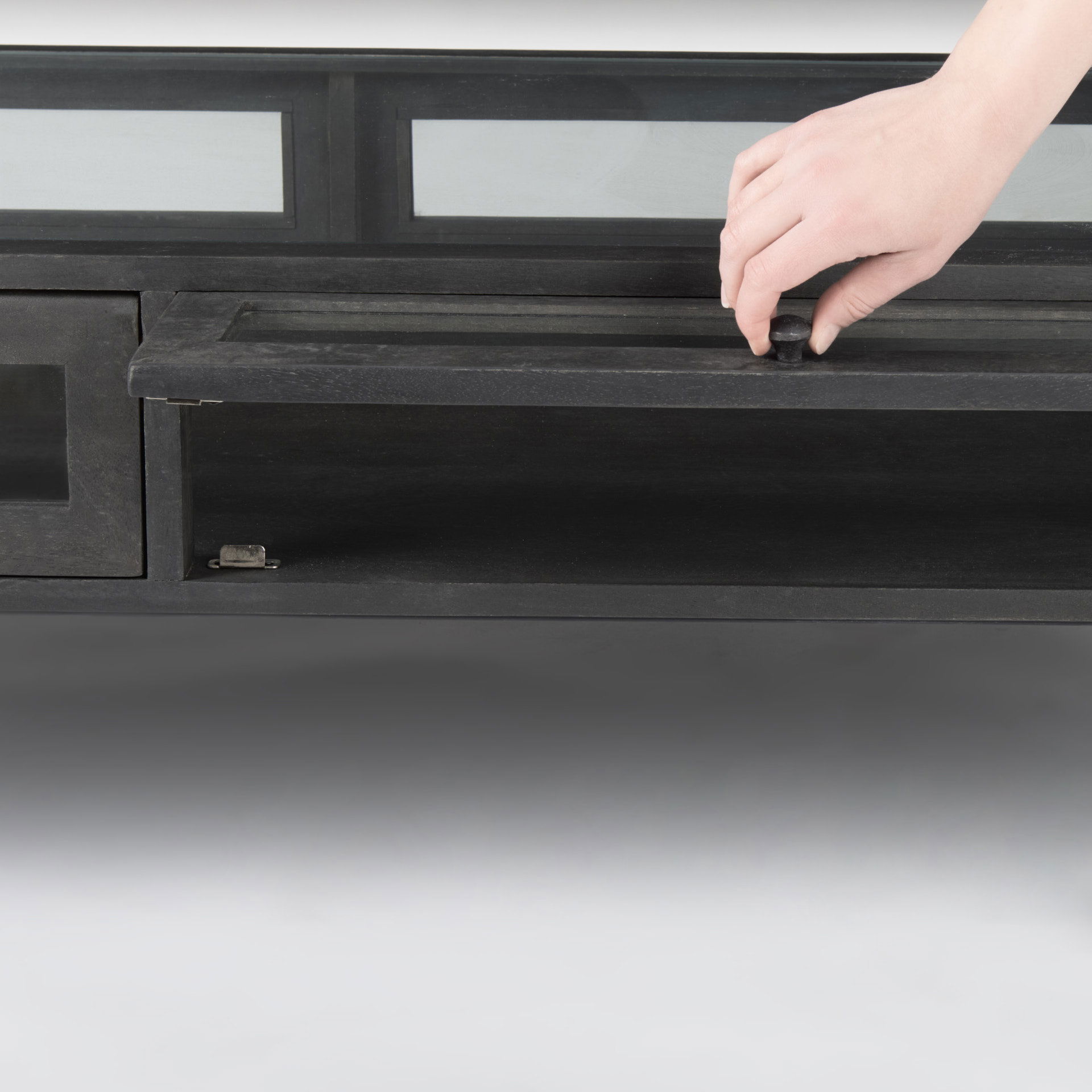 Arelius 42'L Rectangular Glass-Top Black-Brown Wood with Black Metal Base Display Coffee Table large image 