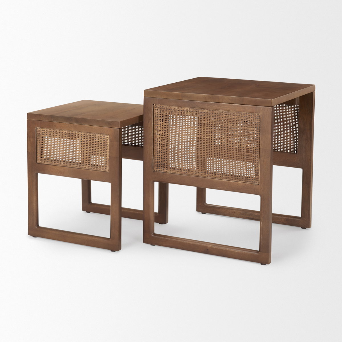 Grier Set of 2 Medium Brown Solid Wood with Cane Nesting Accent Tables, Side & End Table by Mercana, 20" length x 20" width x 23.25" height View 8