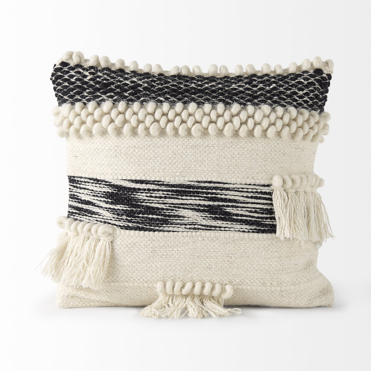 Beardell 18x18 Cream And Black Details With Tassels Pillow Cover, Decorative Pillow by Mercana, 18" length x 18" width x 0.1" height View 6