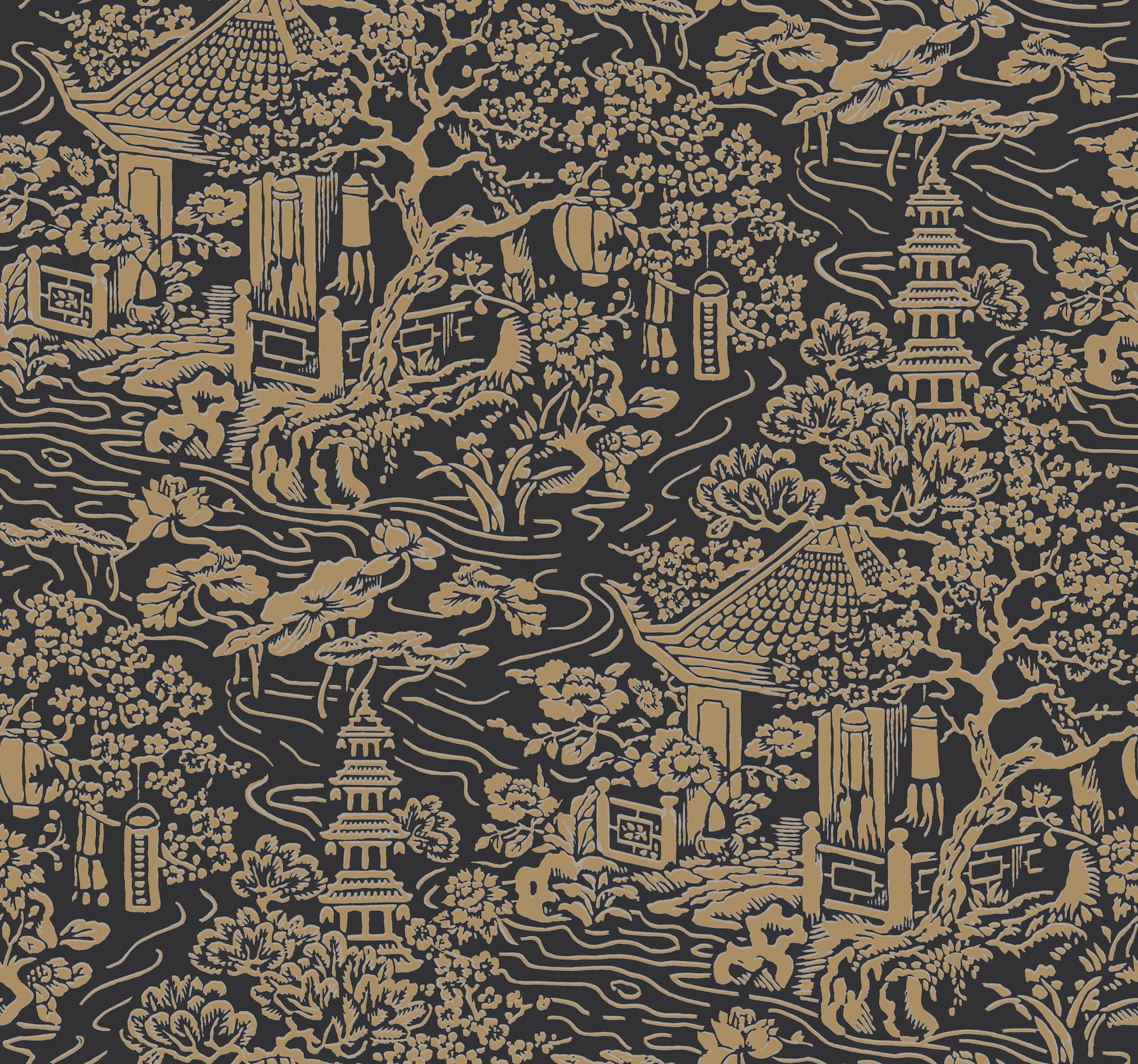 Chinoiserie Black & Gold Wallpaper, by York Wall, 27' length x 2'3" width x 0.02" depth View 1