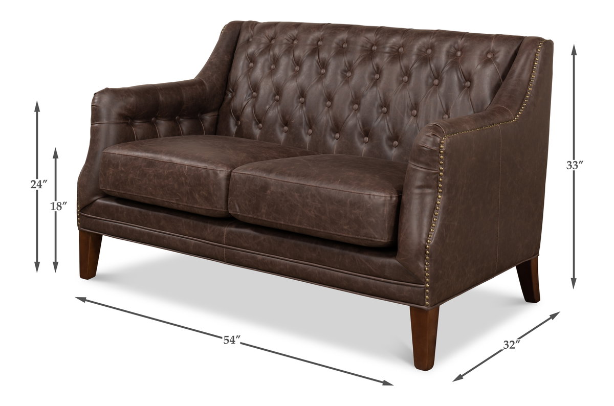 Brooks Leather Tufted 2 Seat Sofa, by Sarreid, 2'8" length x 4'6" width x 2'9" height View 14