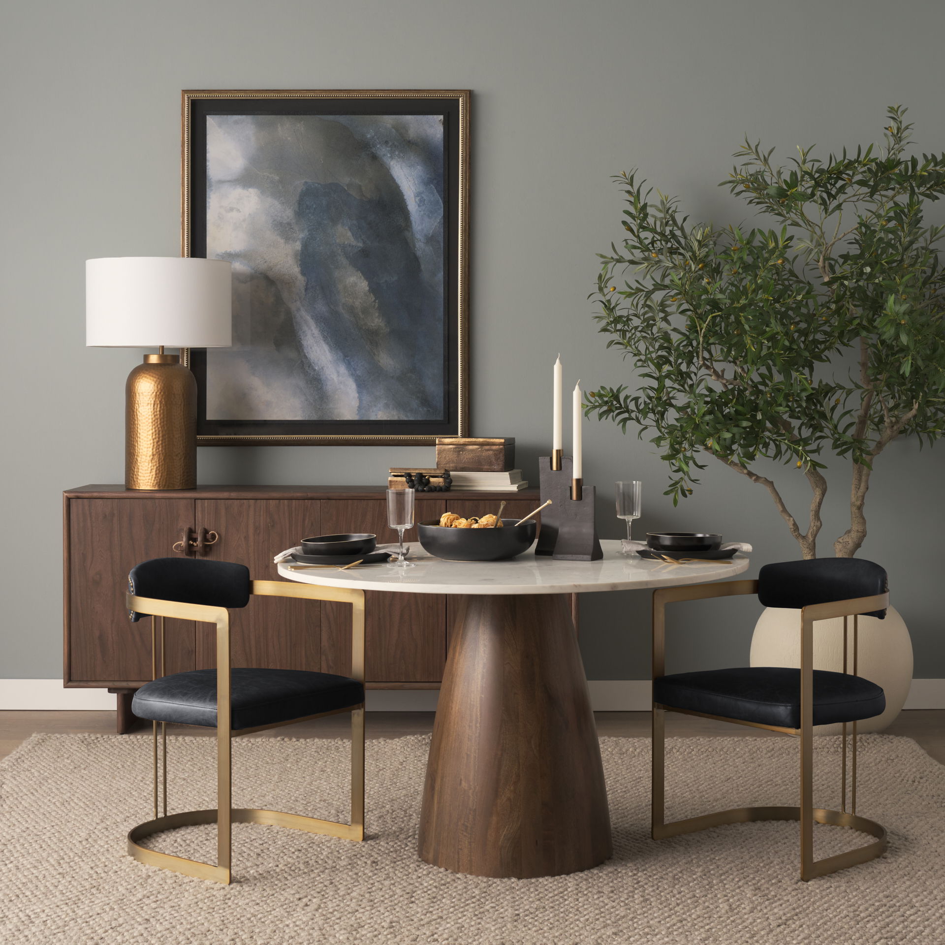 Hollyfield II Black Leather Seat Gold Iron Frame Dining Chair, by Mercana, 20.5" length x 21.5" width x 29.5" height View 2