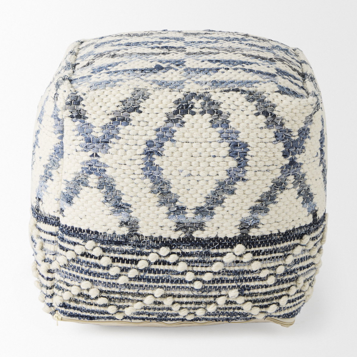 Eshana  Cream Wool and Denim Patterned Pouf, Ottoman by Mercana, 16" length x 16" width x 16" height View 2