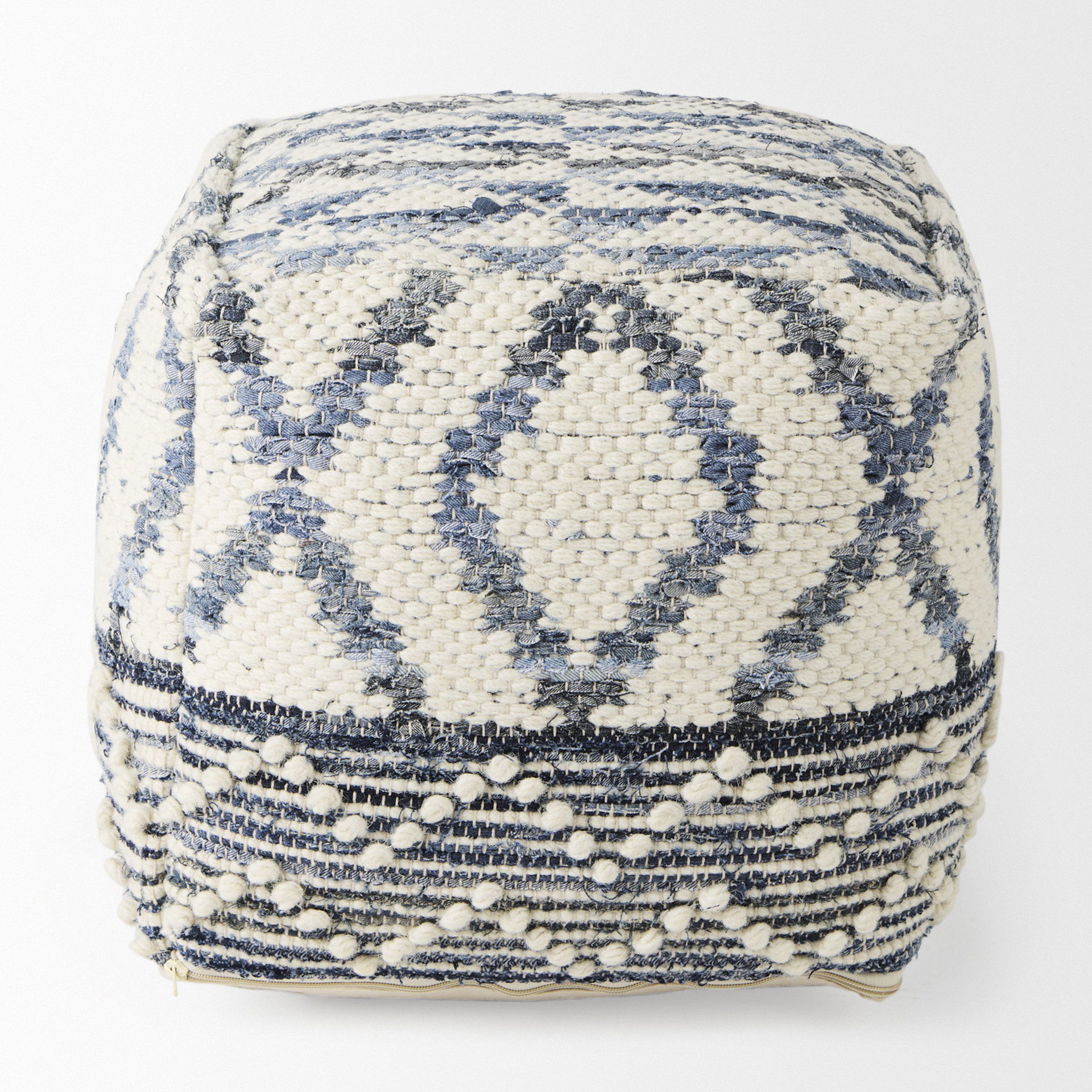 Eshana  Cream Wool and Denim Patterned Pouf large image 