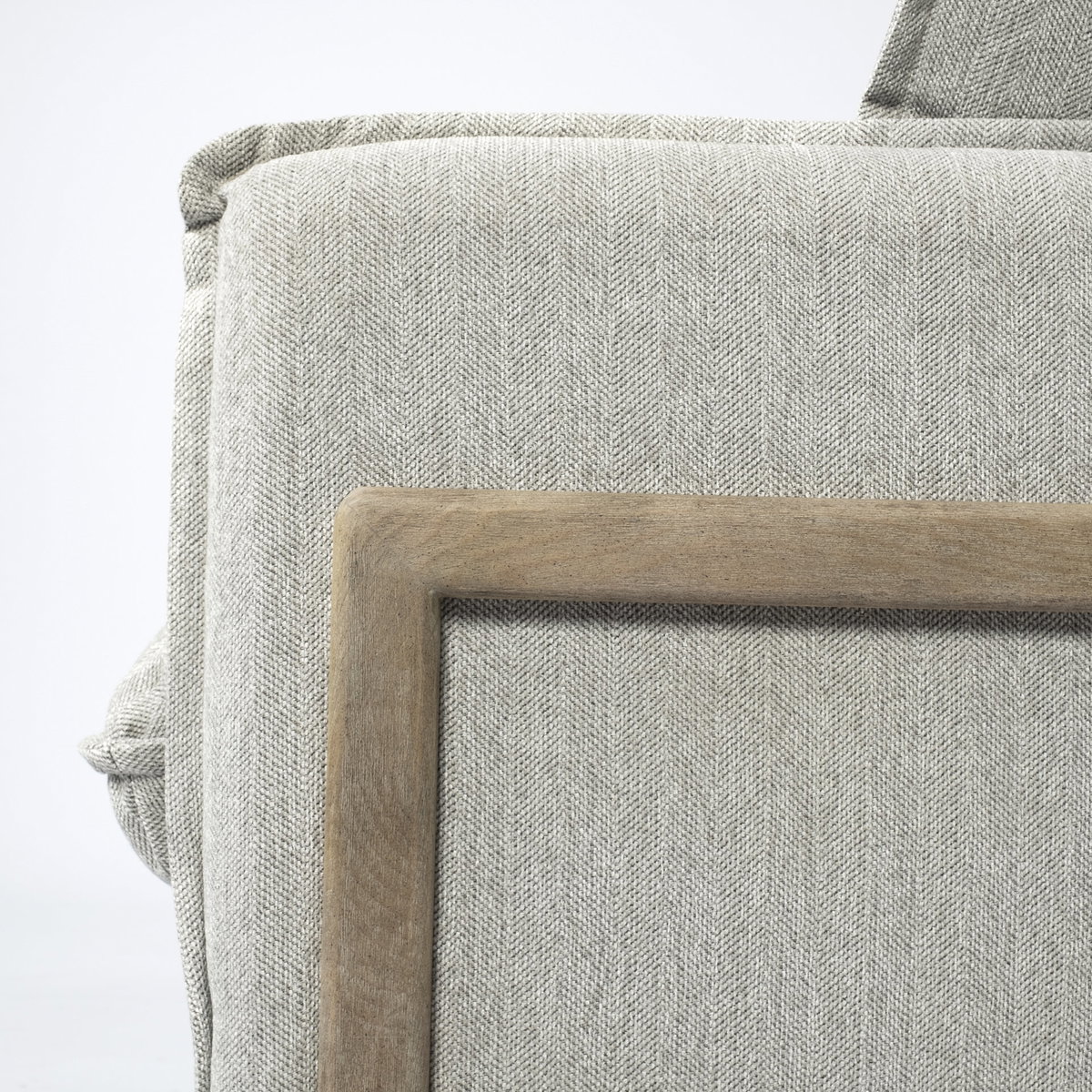 Roy II Frost Gray Upholstered and Brown Wood Frame Arm Chair, Accent Chair by Mercana, 43.31" length x 41.73" width x 33.07" height View 9
